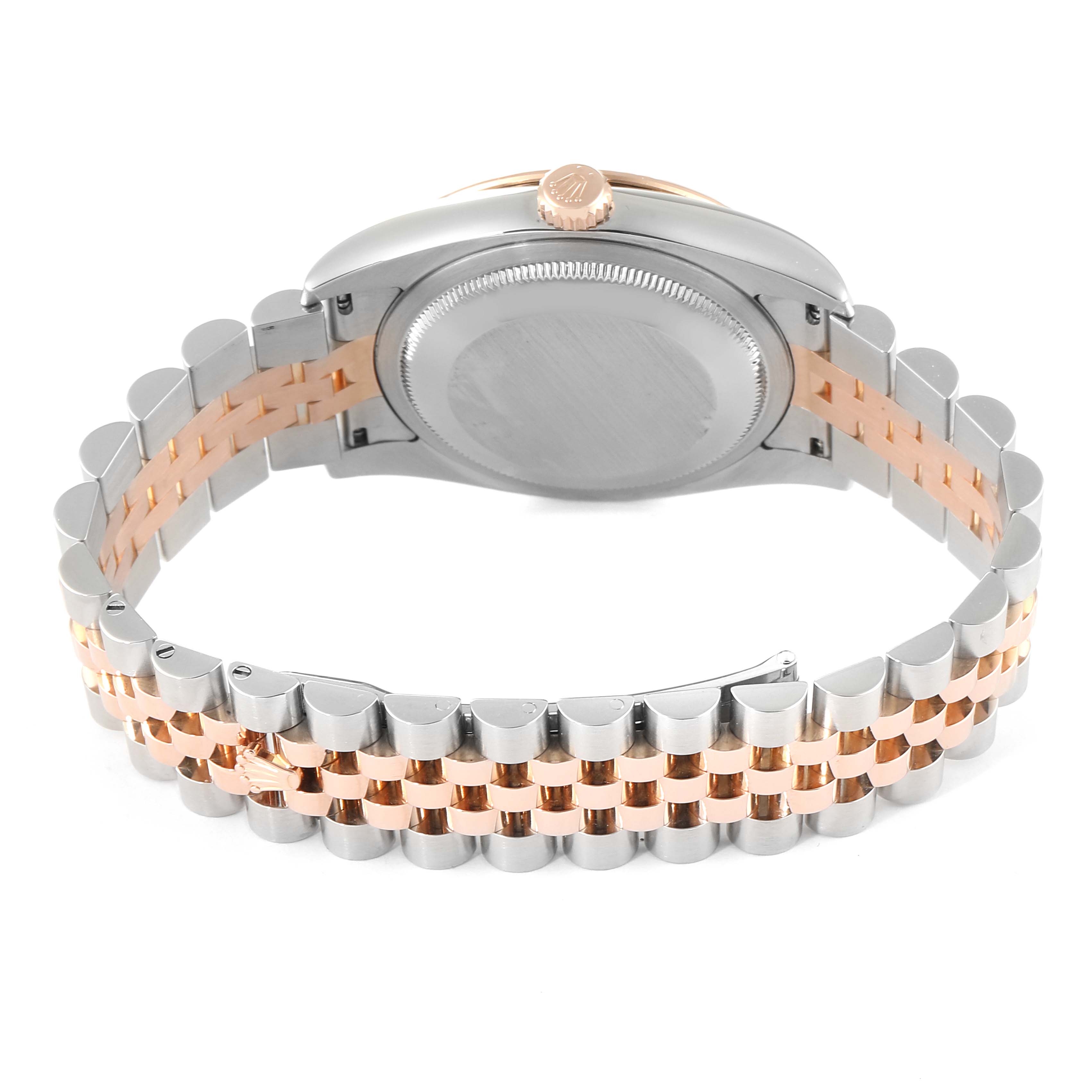 This image shows the back of a Rolex Turn-o-Graph 116261 Men's Steel and Gold (two tone) White Dial 116261 Men's Steel and Gold (two tone) White Dial watch, including the case back and two-tone bracelet.