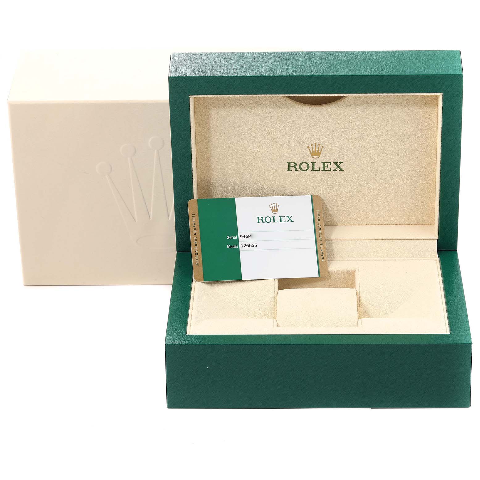 The image shows the open box of a Rolex Yacht-Master 126655 Men
s Rose Gold Black Dial 126655 Men
s Rose Gold Black Dial watch along with its Best Quality
ity card, viewed from the front.