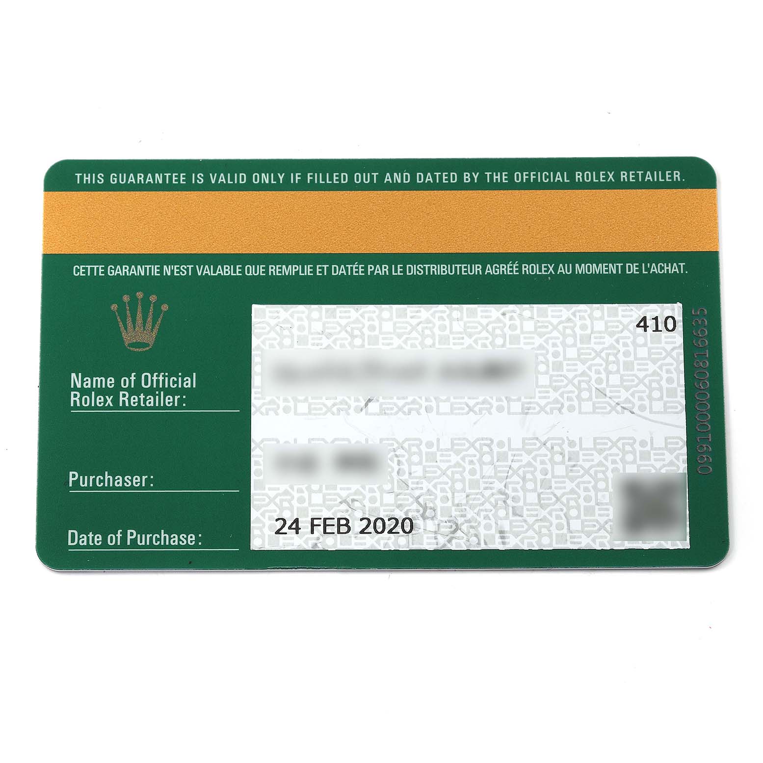 This image shows a close-up of the warranty card for a Rolex Yacht-Master 126655 Men
s Rose Gold Black Dial 126655 Men
s Rose Gold Black Dial watch.