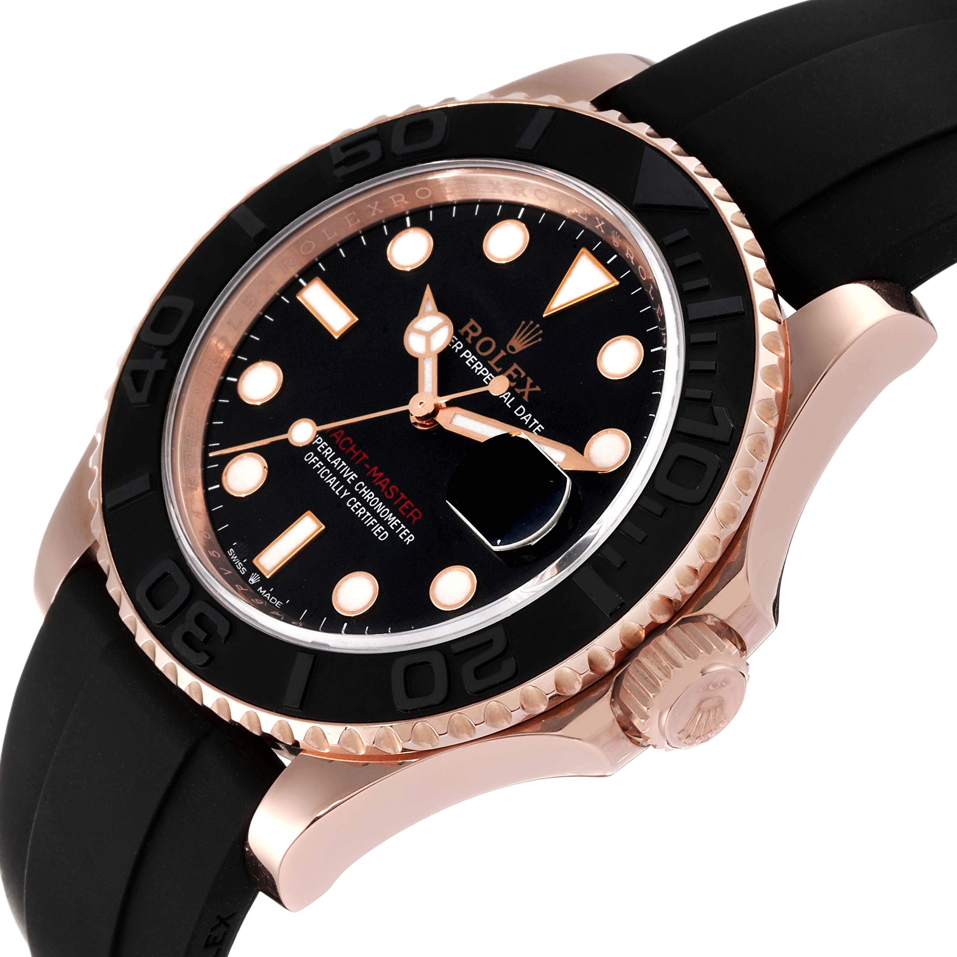 This image shows an angled view of a Rolex Yacht-Master 126655 Men
s Rose Gold Black Dial 126655 Men
s Rose Gold Black Dial watch, highlighting the bezel, dial, strap, and crown.