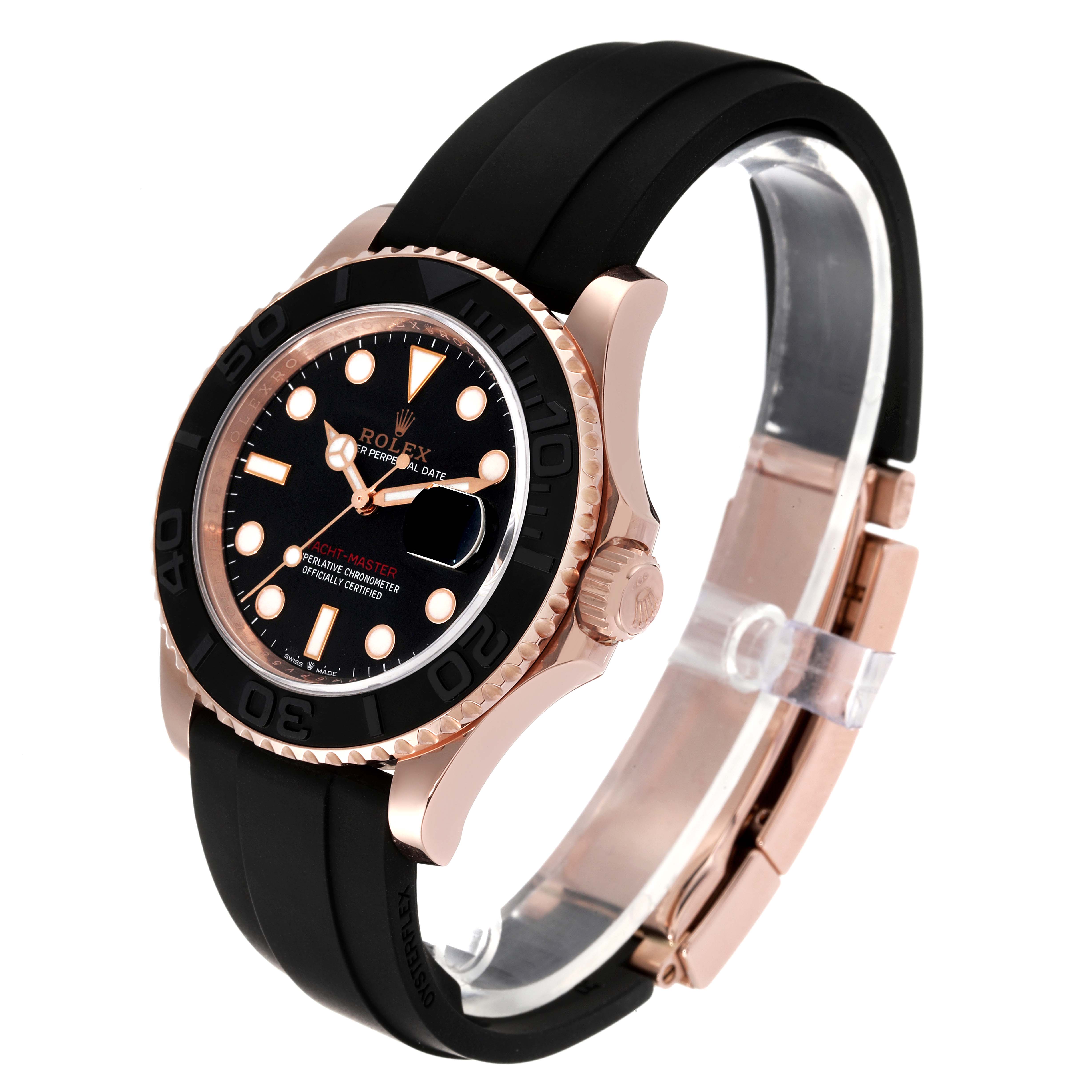 The image shows a Rolex Yacht-Master 126655 Men
s Rose Gold Black Dial 126655 Men
s Rose Gold Black Dial watch at an angled side view, highlighting the bezel, dial, case, and strap.