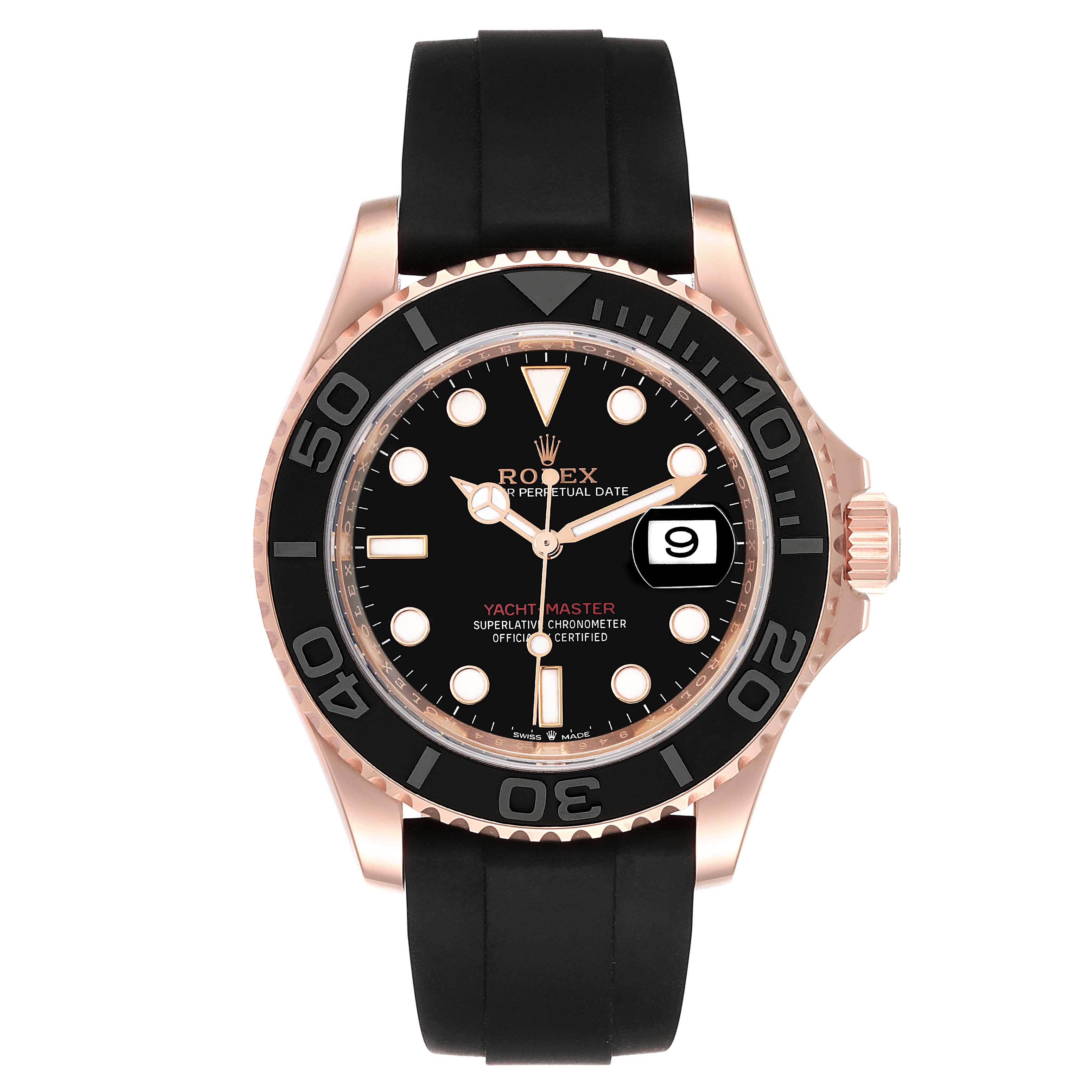 This is a front view of a Rolex Yacht-Master 126655 Men
s Rose Gold Black Dial 126655 Men
s Rose Gold Black Dial watch, showcasing its black dial, black bezel, gold case, and black strap.