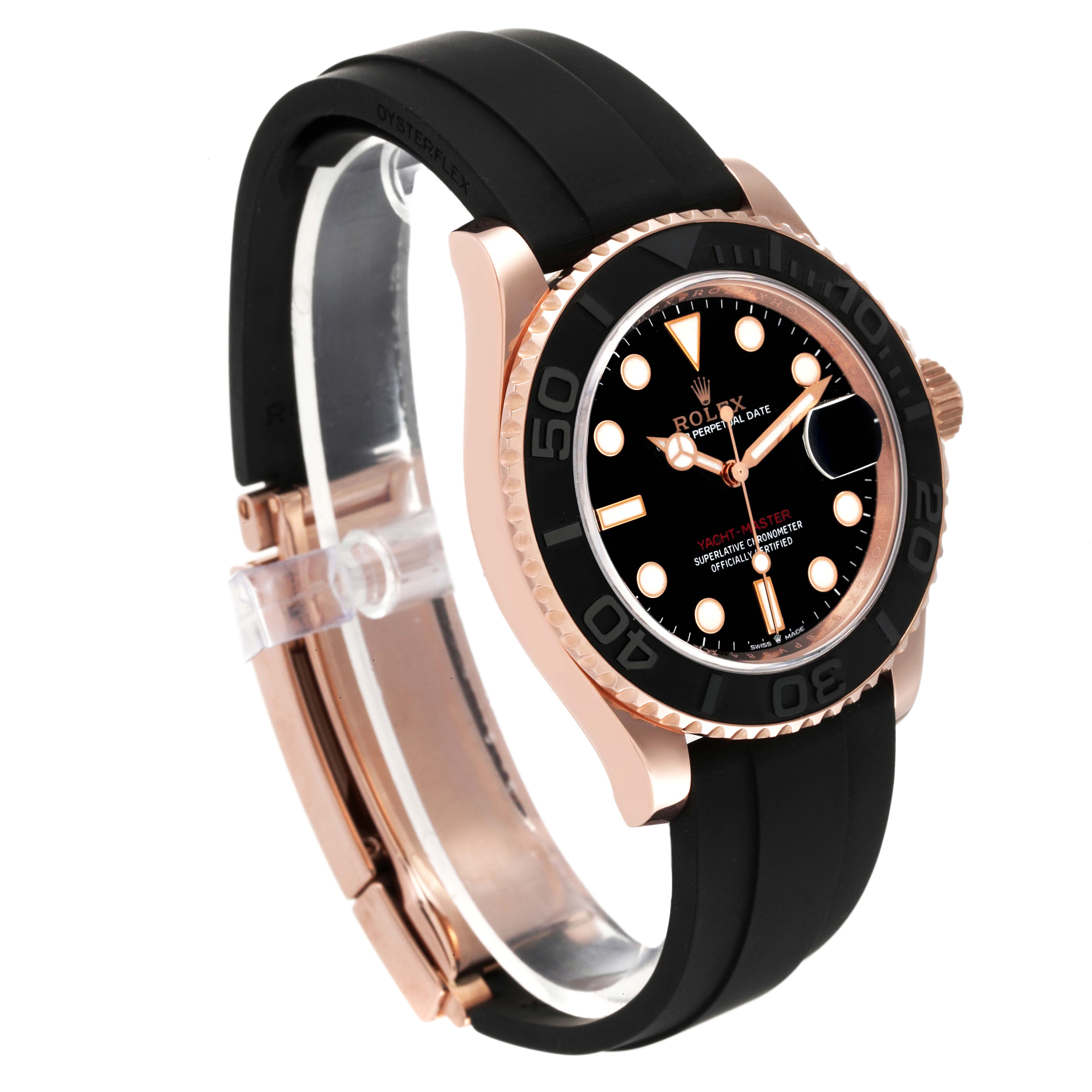 The image shows a side-angle view of the Rolex Yacht-Master 126655 Men
s Rose Gold Black Dial 126655 Men
s Rose Gold Black Dial watch, highlighting its black dial, bezel, and rubber strap.