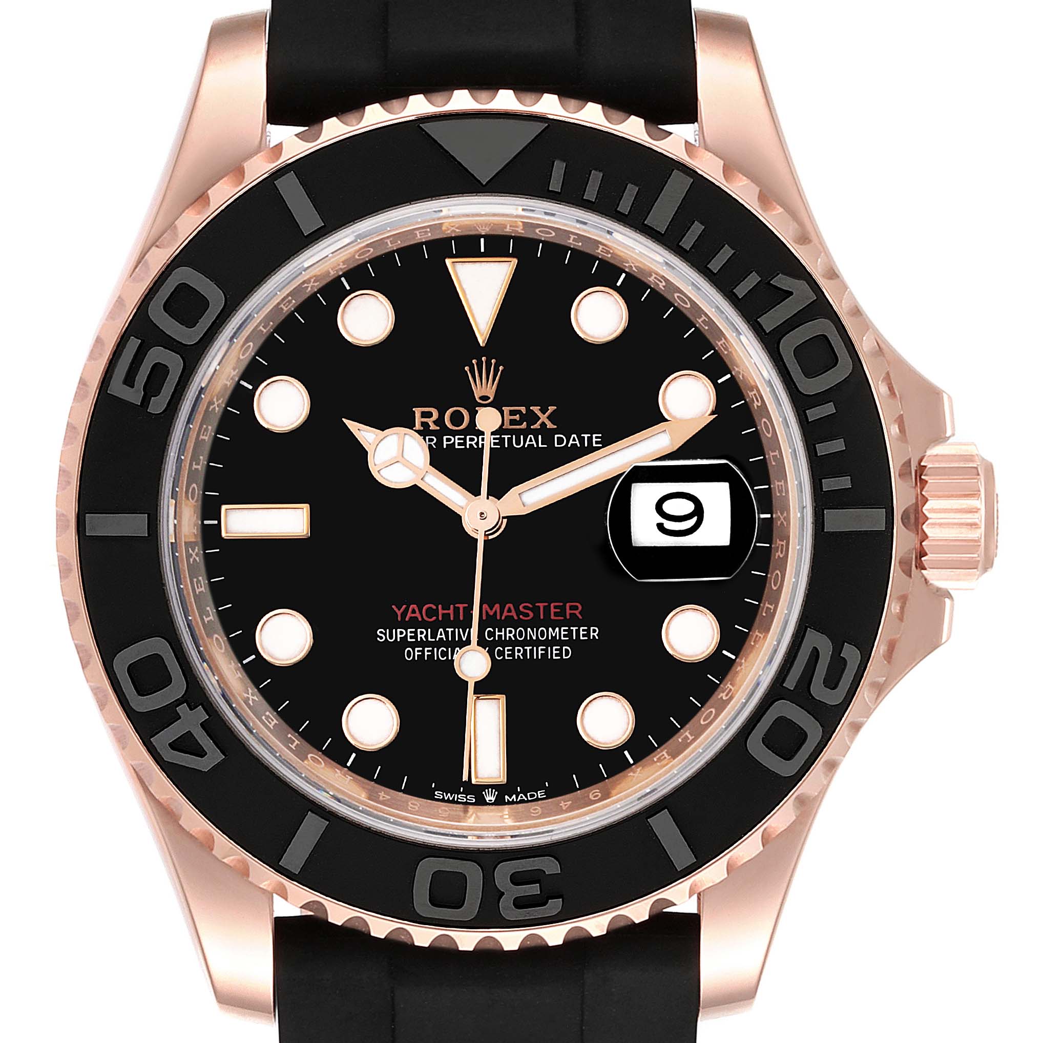 This Yacht-Master Rolex watch is shown from a front angle, featuring its black dial, date display, and rose gold elements.