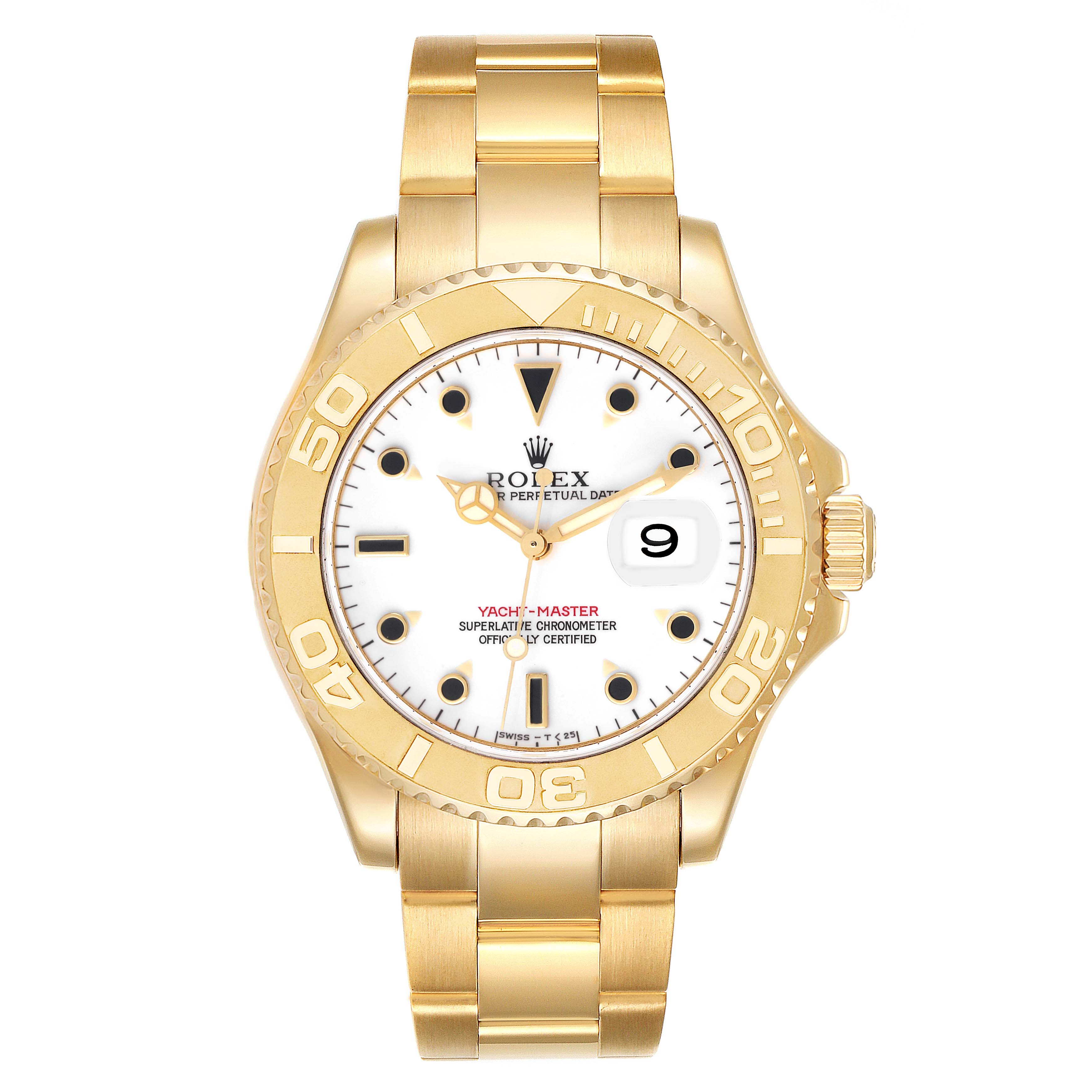 The image shows a frontal view of a Rolex Yacht-Master 16628 Men's Yellow Gold White Dial 16628 Men's Yellow Gold White Dial watch, highlighting the dial, bezel, and bracelet.