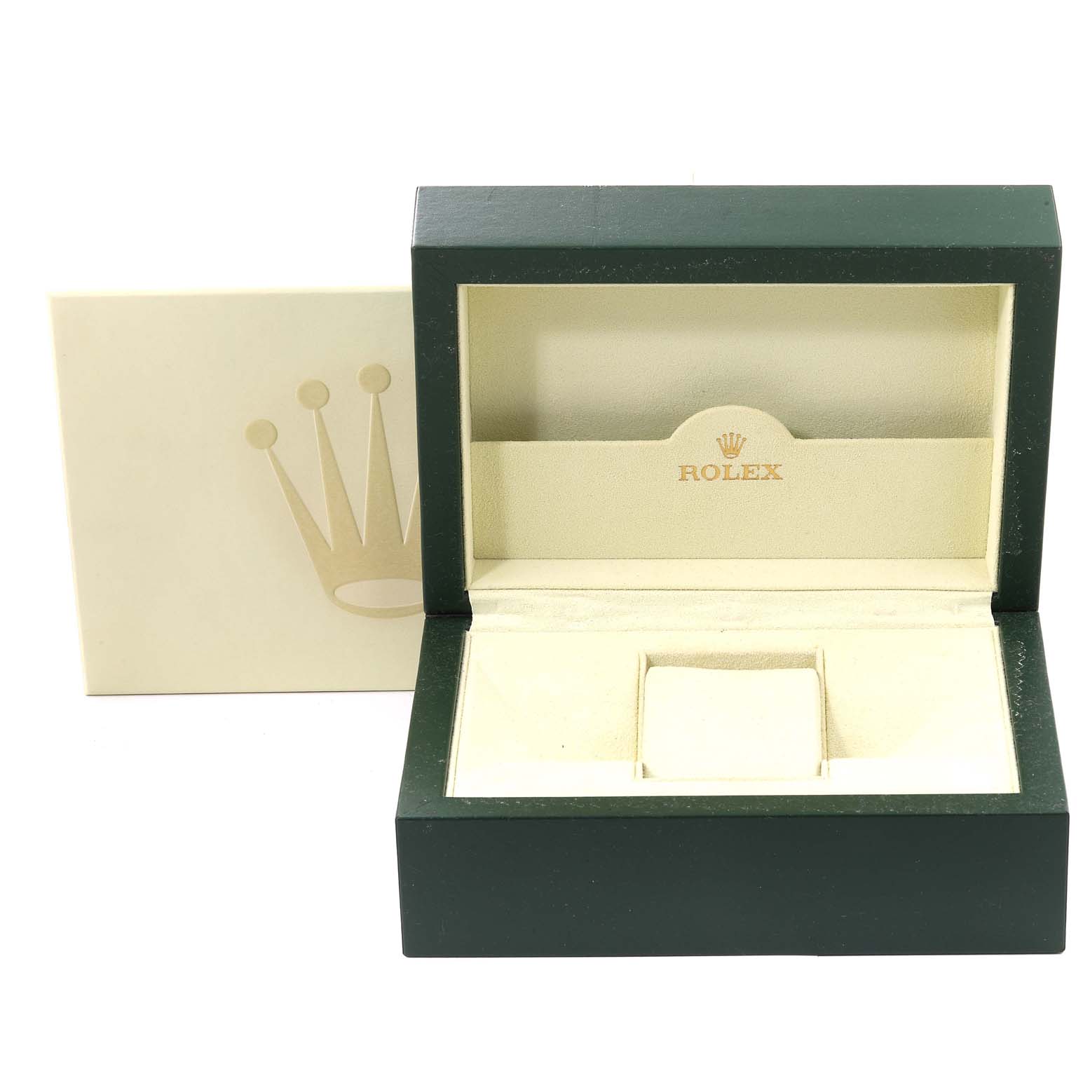 The image shows an open Rolex Yacht-Master 16628 Men's Yellow Gold White Dial 16628 Men's Yellow Gold White Dial watch box from a front angle, displaying the interior branding and cushion for the watch.