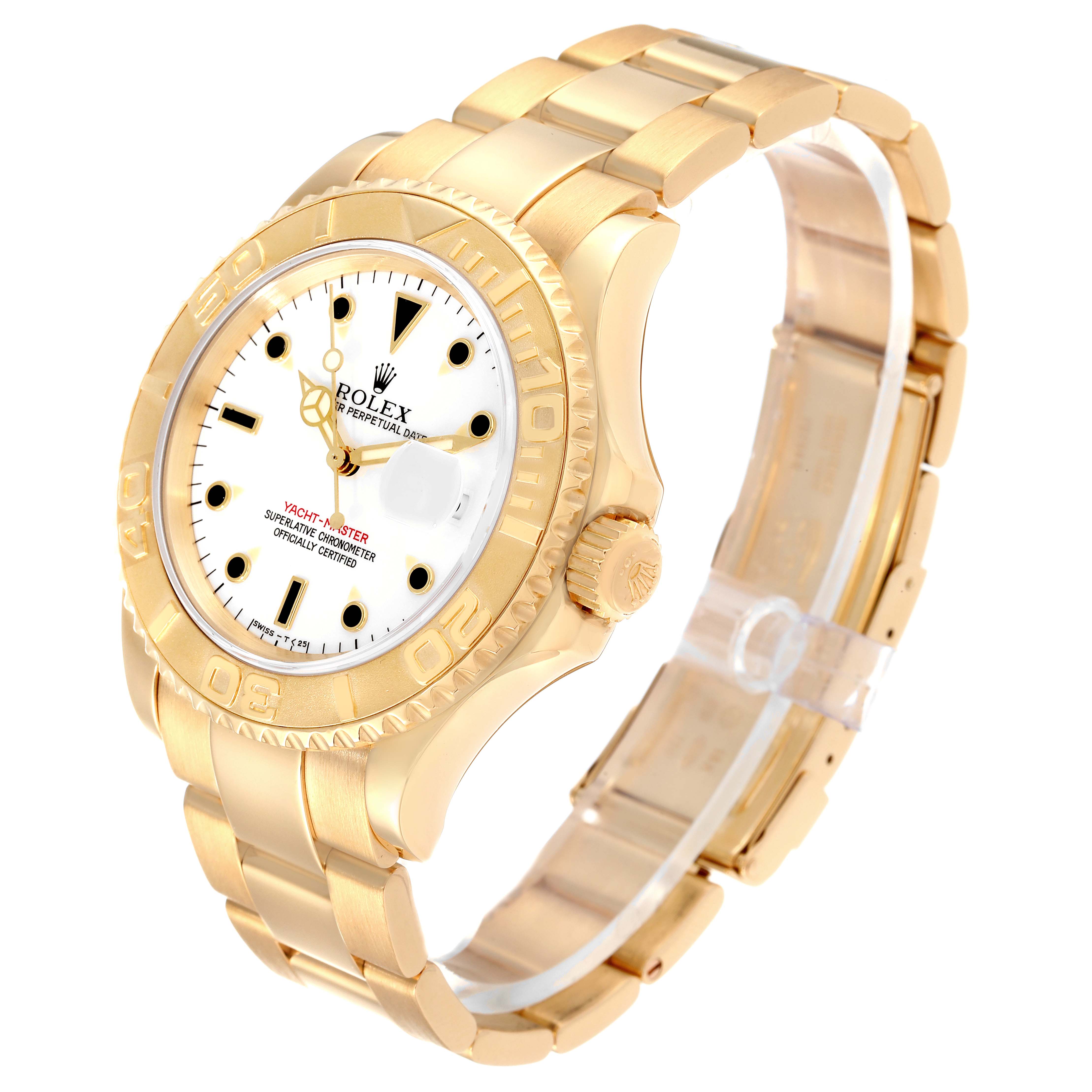 The image shows a Rolex Yacht-Master 16628 Men's Yellow Gold White Dial 16628 Men's Yellow Gold White Dial in gold from an angled side view, highlighting the bracelet, bezel, crown, and watch face.