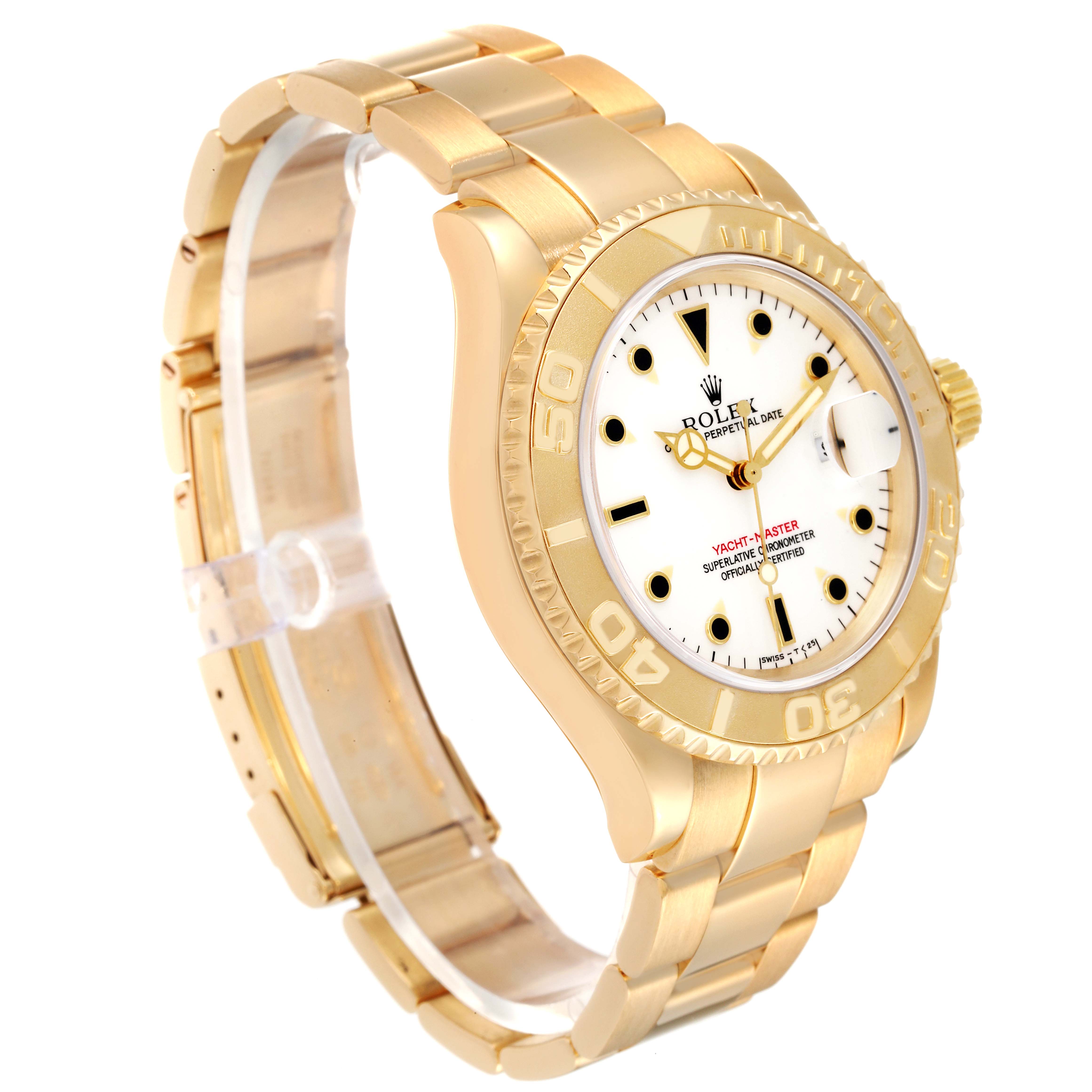 The image shows a side view of the Rolex Yacht-Master 16628 Men's Yellow Gold White Dial 16628 Men's Yellow Gold White Dial watch, highlighting the gold case, bezel, dial, and bracelet.