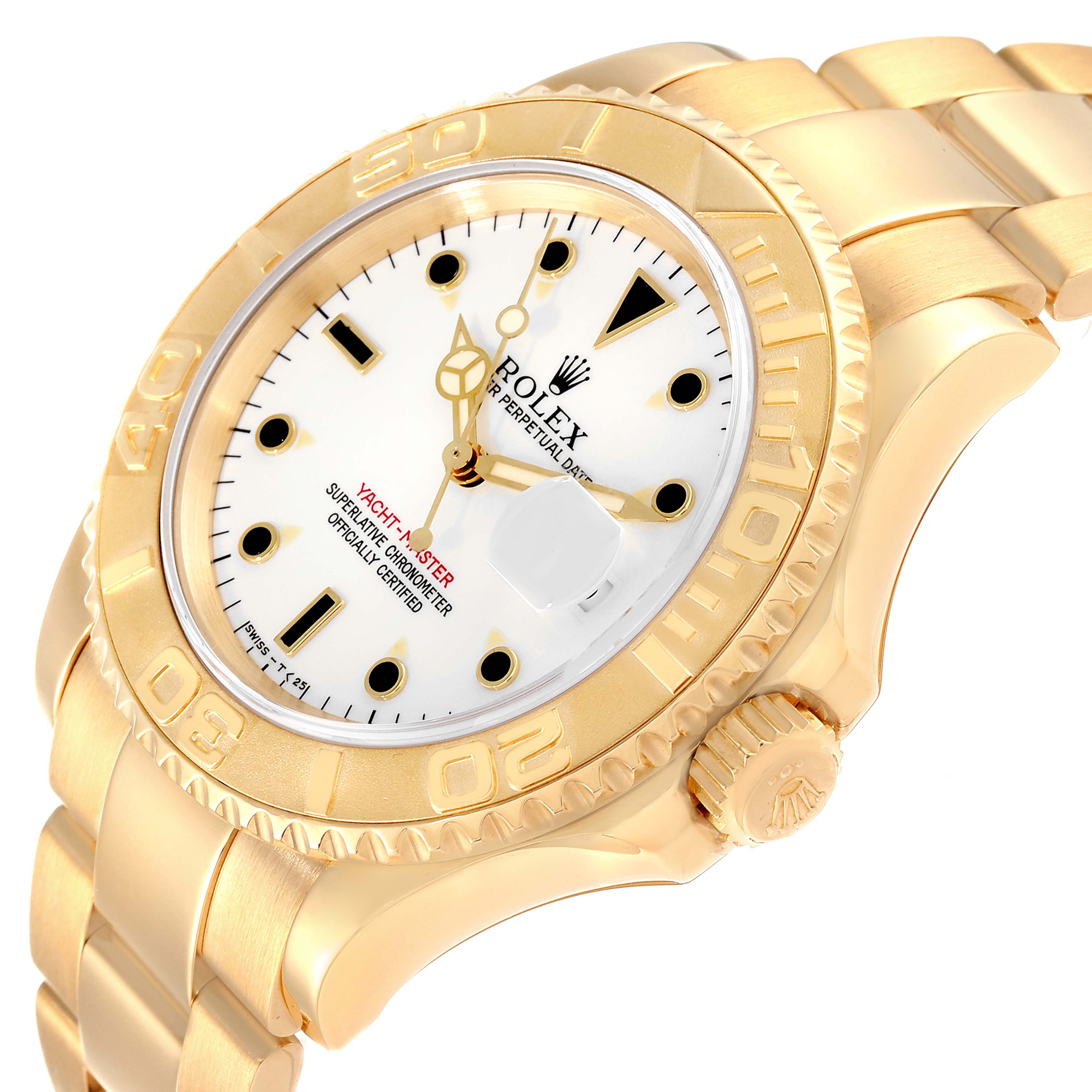The image shows a Rolex Yacht-Master 16628 Men's Yellow Gold White Dial 16628 Men's Yellow Gold White Dial watch at a slight angle, highlighting the face, bezel, crown, and part of the bracelet.