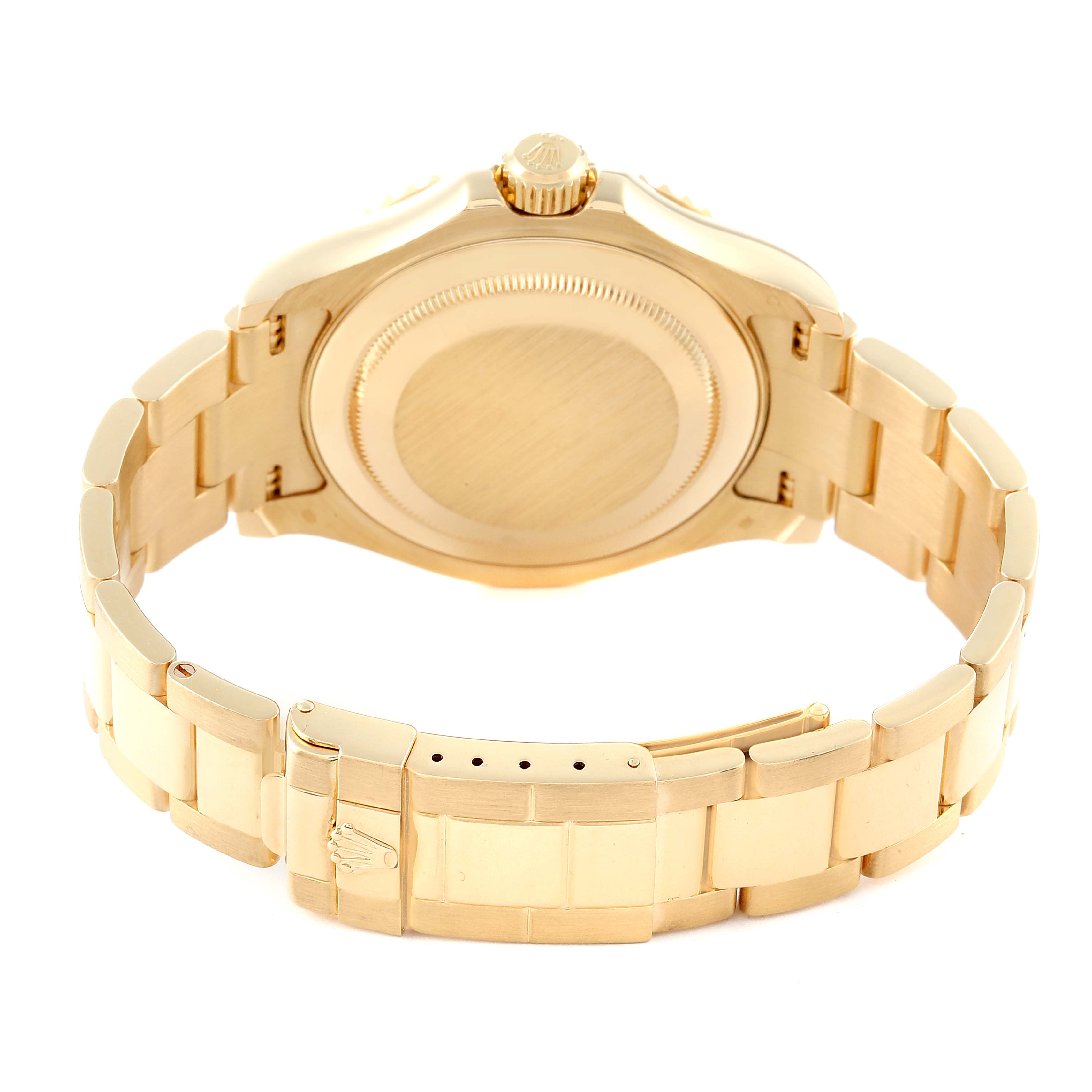 The image shows the back side of a Rolex Yacht-Master 16628 Men's Yellow Gold White Dial 16628 Men's Yellow Gold White Dial watch, including its case back, crown, and bracelet.
