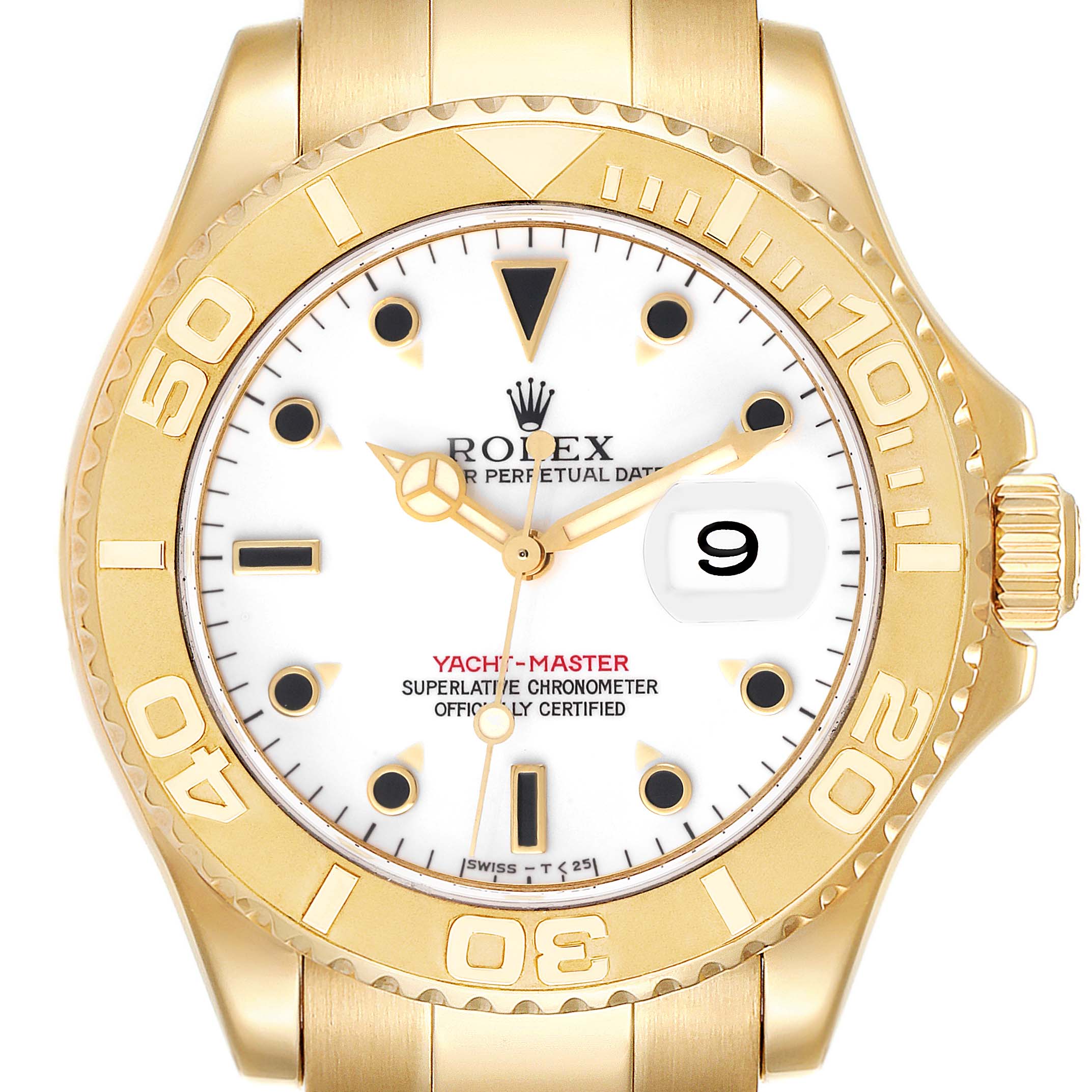 The image shows a front view of the Rolex Yacht-Master 16628 Men's Yellow Gold White Dial 16628 Men's Yellow Gold White Dial watch, highlighting its gold bezel, white dial, and date display.