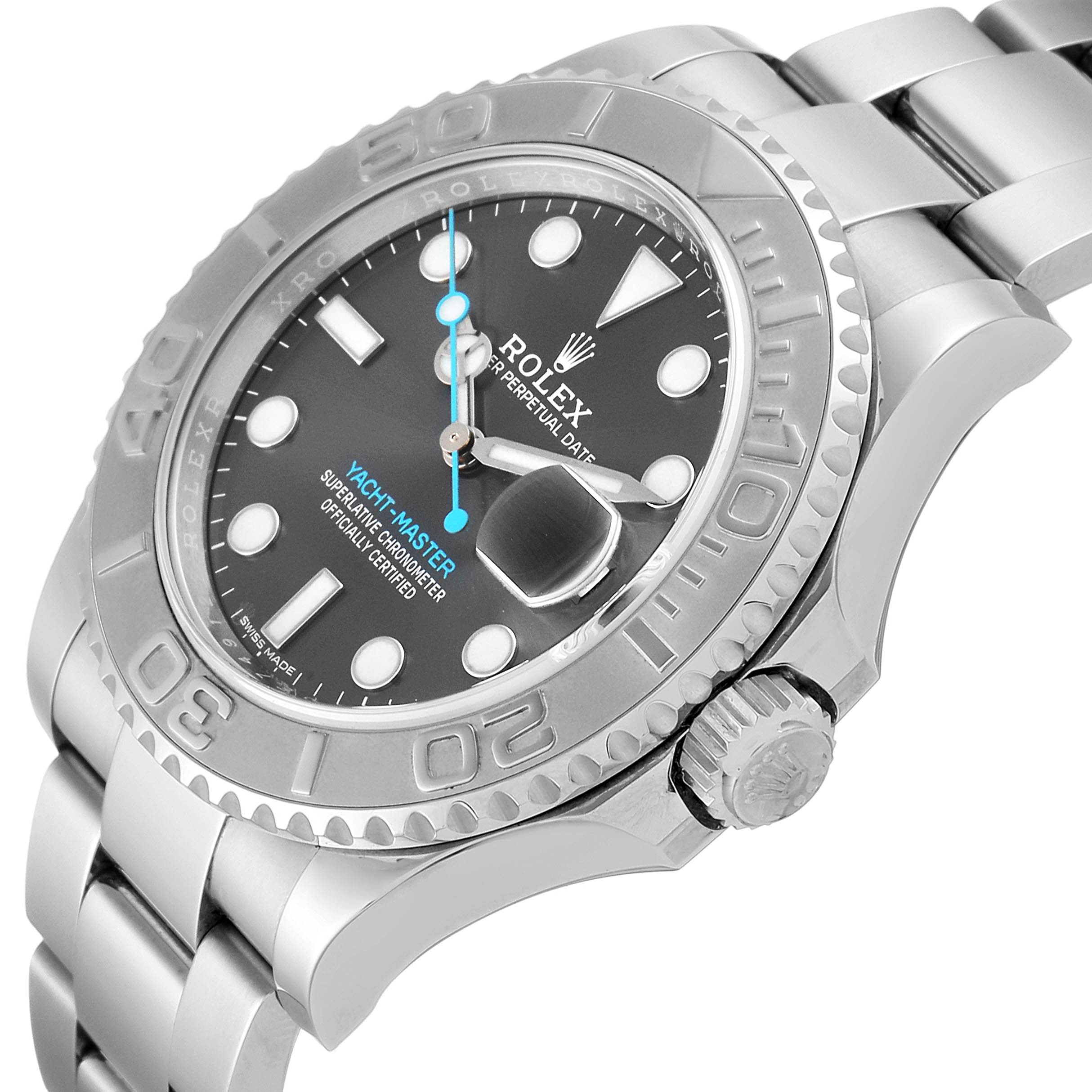 The image shows a Rolex Yacht-Master 116622 Men
s Stainless Steel Grey Dial 116622 Men
s Stainless Steel Grey Dial watch at an angled close-up, highlighting the watch face, bezel, crown, and part of the bracelet.