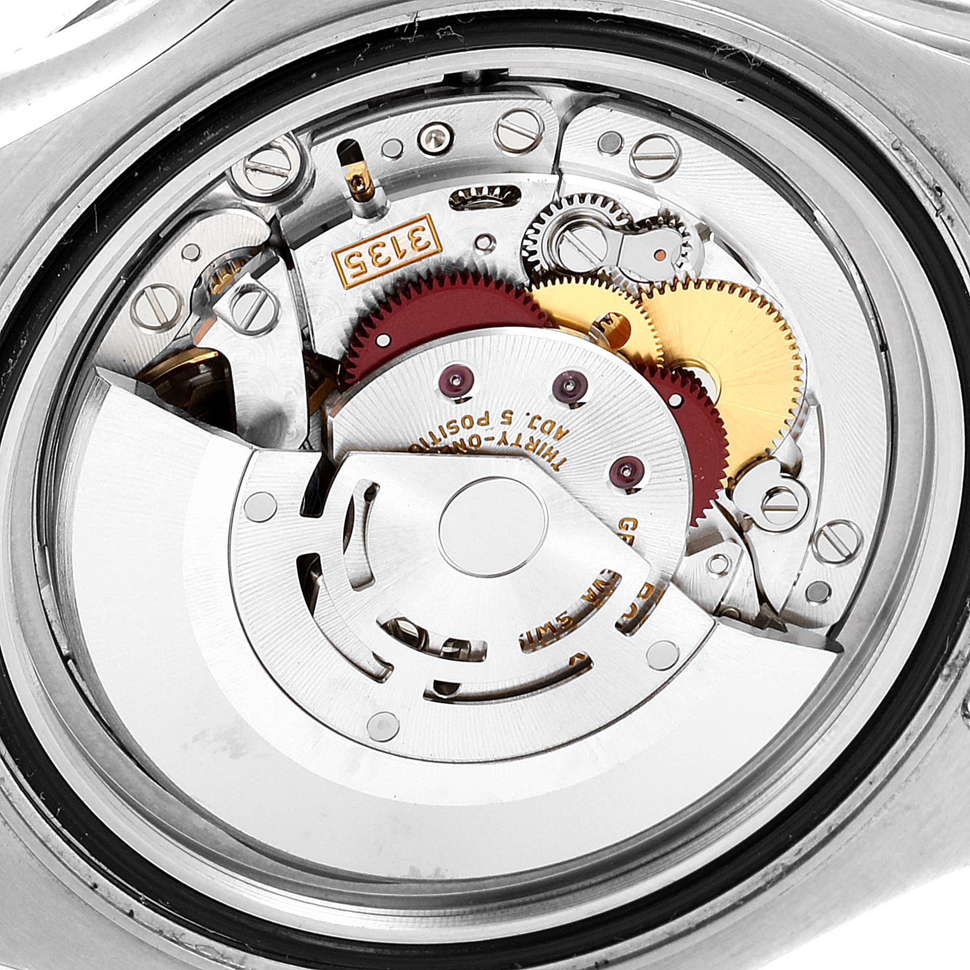 The image shows a close-up view of the movement mechanism in a Rolex Yacht-Master 116622 Men
s Stainless Steel Grey Dial 116622 Men
s Stainless Steel Grey Dial watch.