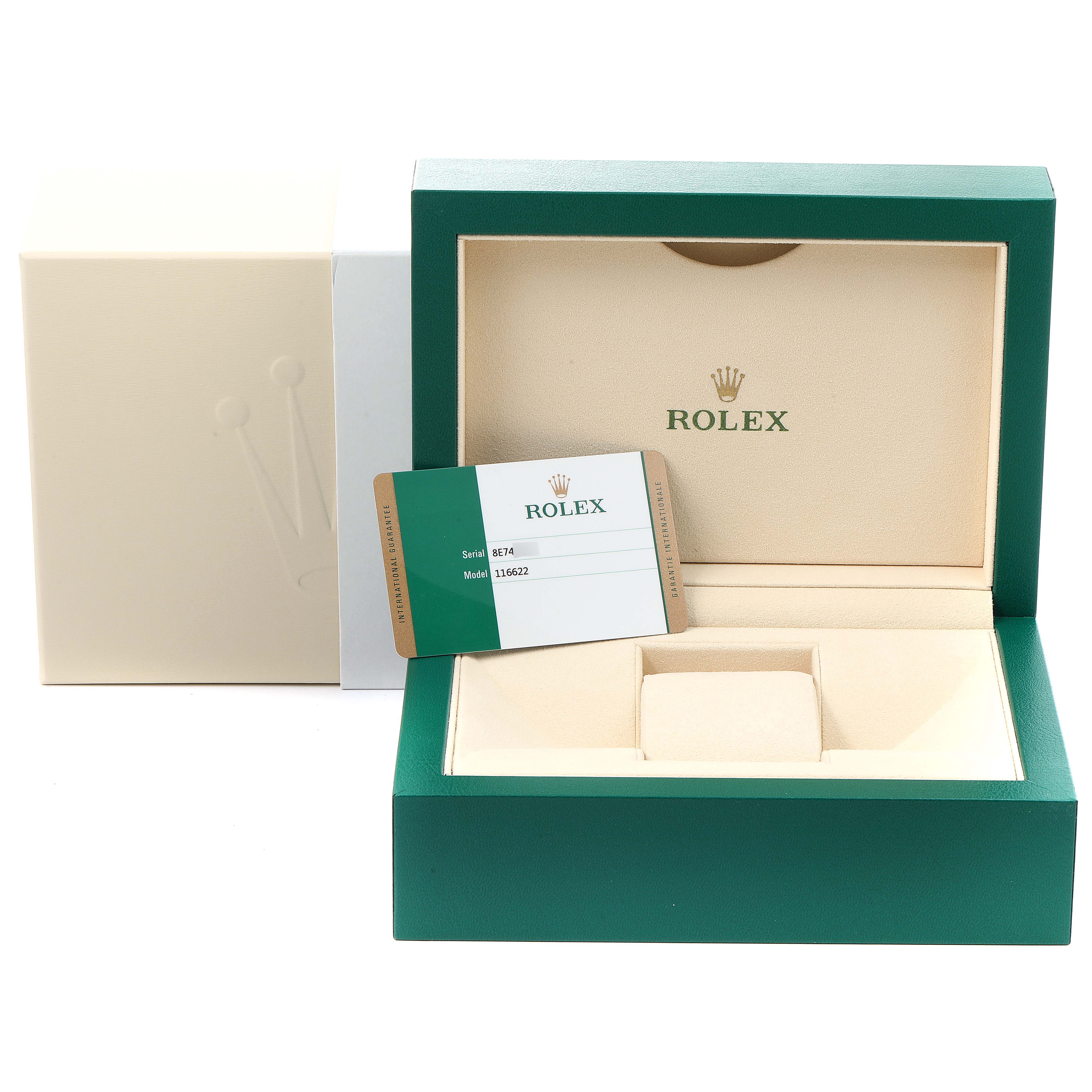 The image shows the packaging, box, and warranty card for a Rolex Yacht-Master 116622 Men
s Stainless Steel Grey Dial 116622 Men
s Stainless Steel Grey Dial watch, model number 116622.