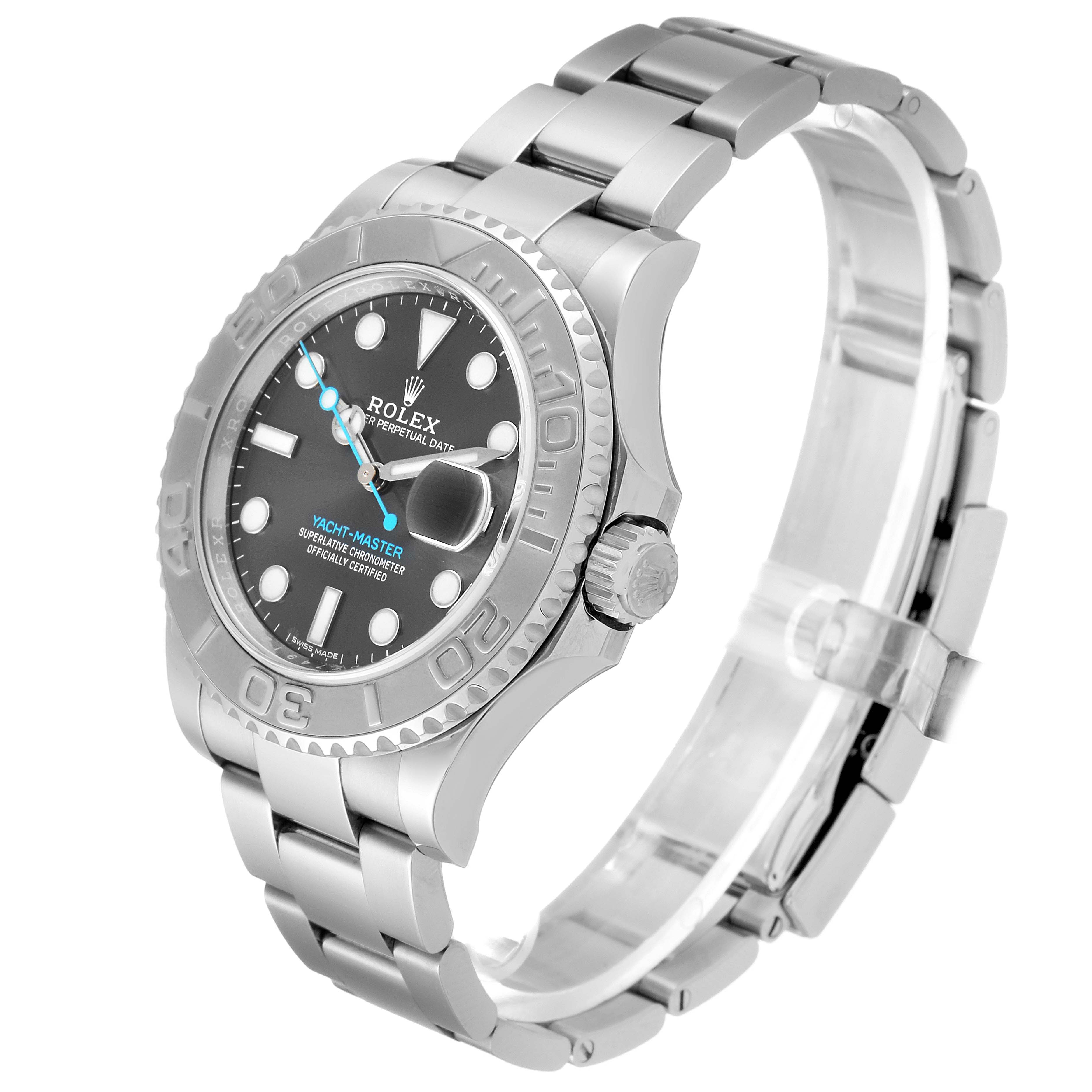 The Rolex Yacht-Master 116622 Men
s Stainless Steel Grey Dial 116622 Men
s Stainless Steel Grey Dial watch is shown at a three-quarter angle highlighting its bezel, dial, and bracelet.