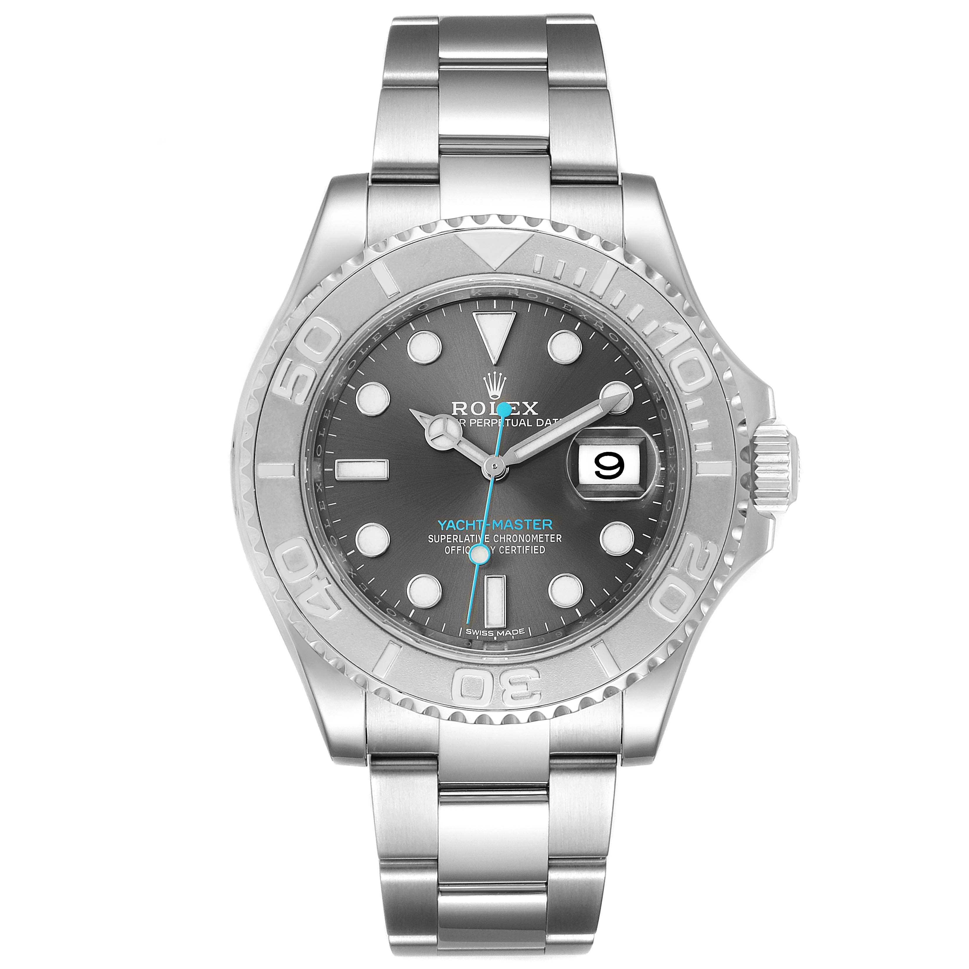 The image shows a front view of a Rolex Yacht-Master 116622 Men
s Stainless Steel Grey Dial 116622 Men
s Stainless Steel Grey Dial watch, displaying the face, bezel, bracelet, and crown.