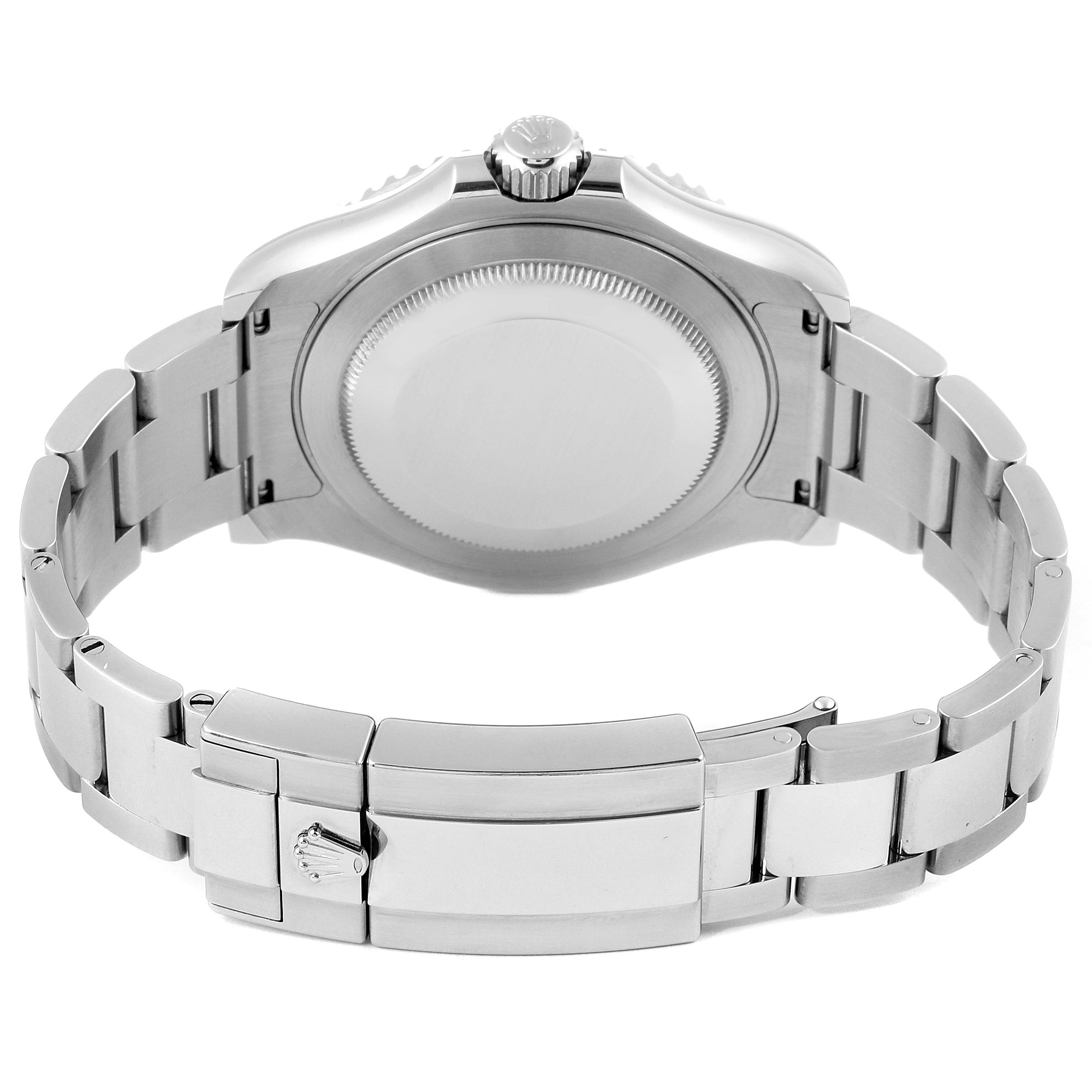 This image shows the back view of the Rolex Yacht-Master 116622 Men
s Stainless Steel Grey Dial 116622 Men
s Stainless Steel Grey Dial watch, highlighting the clasp and bracelet.