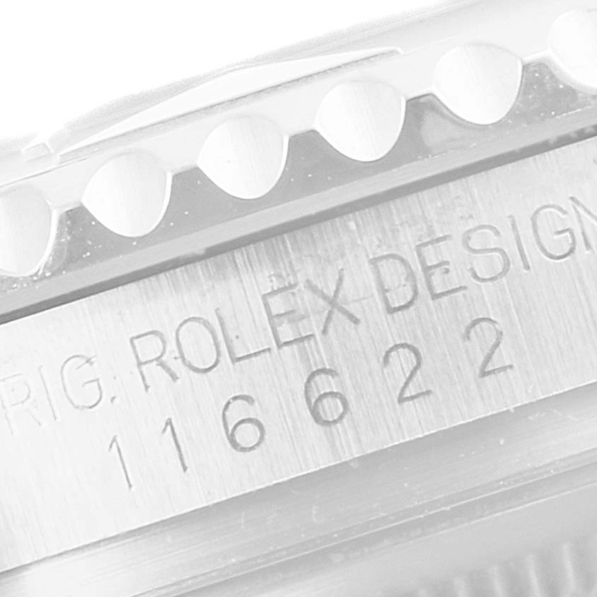 The image shows a close-up of the side of a Rolex Yacht-Master 116622 Men
s Stainless Steel Grey Dial 116622 Men
s Stainless Steel Grey Dial watch, focusing on the model number and part of the bezel.