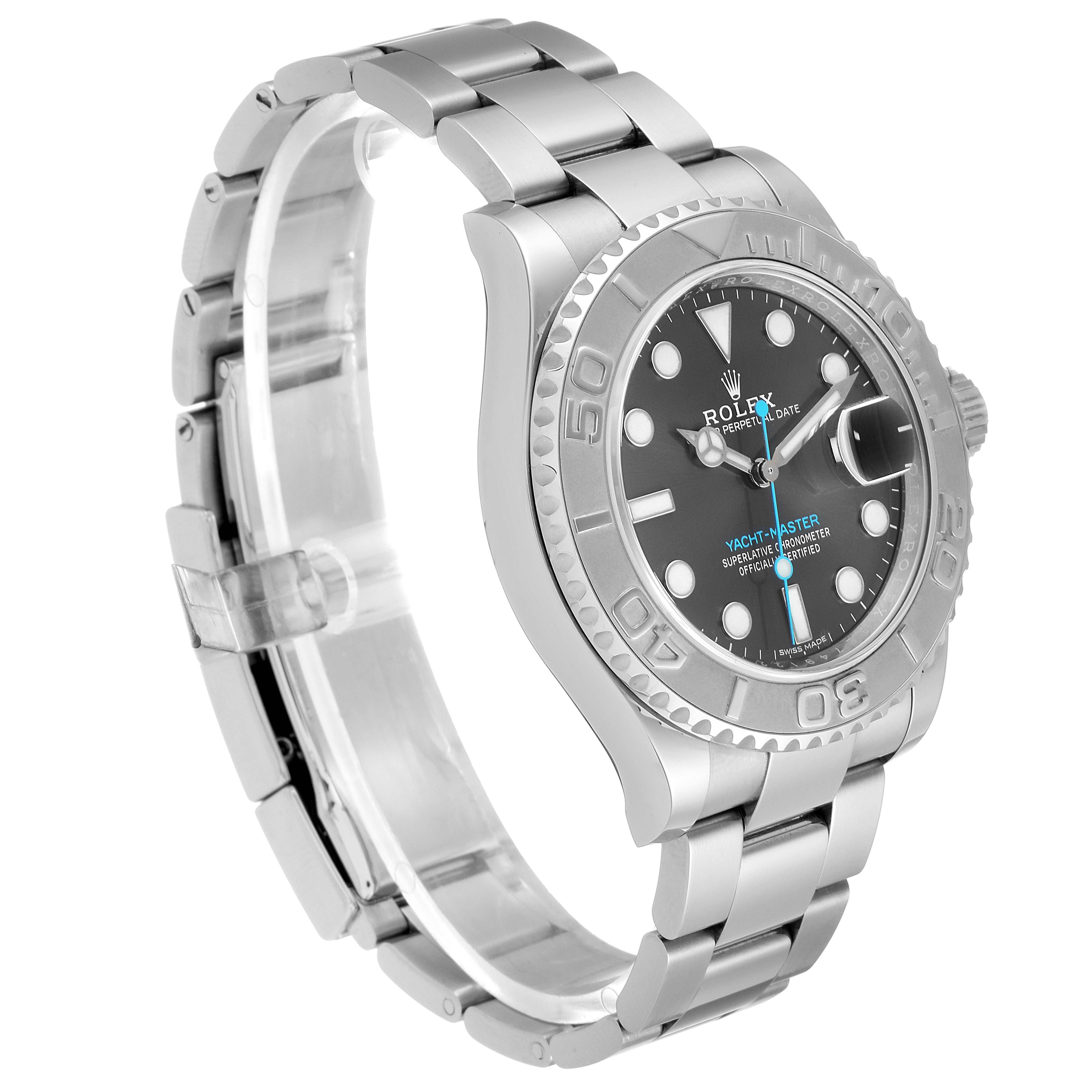 The Rolex Yacht-Master 116622 Men
s Stainless Steel Grey Dial 116622 Men
s Stainless Steel Grey Dial watch is shown at an angled side view, displaying the face, bezel, crown, and part of the bracelet.