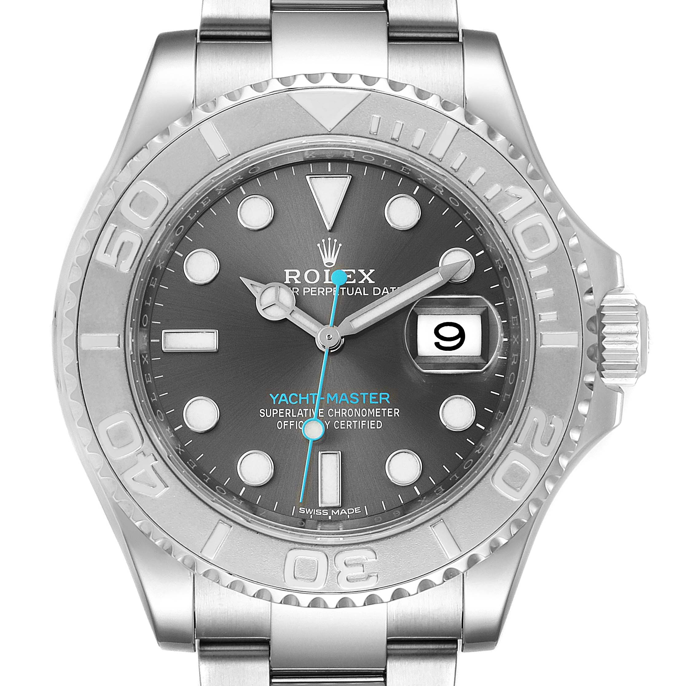This is a close-up view of the Rolex Yacht-Master 116622 Men
s Stainless Steel Grey Dial 116622 Men
s Stainless Steel Grey Dial watch face, showing the dial, bezel, and part of the bracelet.
