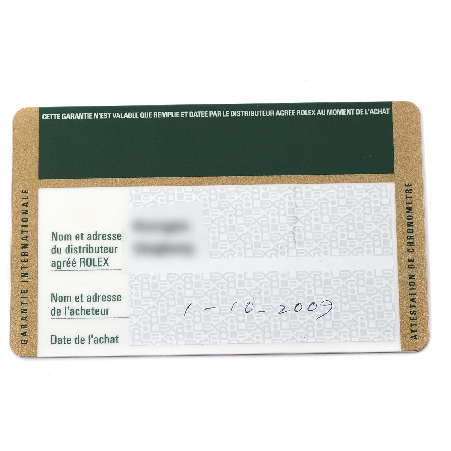 This image shows the international guarantee card for a Rolex Yacht-Master 16622 Men's Stainless Steel Silver Dial 16622 Men's Stainless Steel Silver Dial watch.