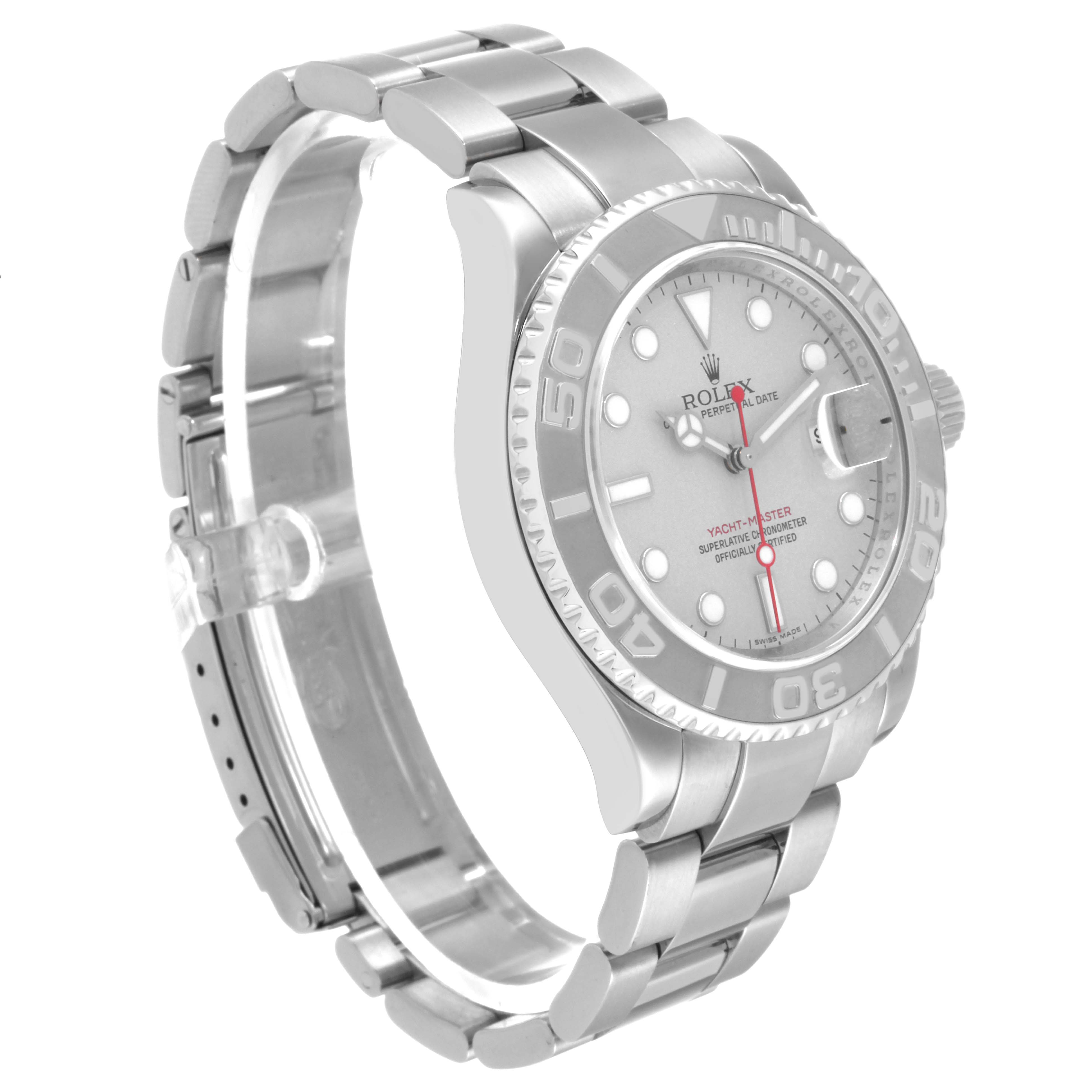 The image shows a side and front angle of the Rolex Yacht-Master 16622 Men's Stainless Steel Silver Dial 16622 Men's Stainless Steel Silver Dial watch highlighting its dial, bezel, and bracelet.