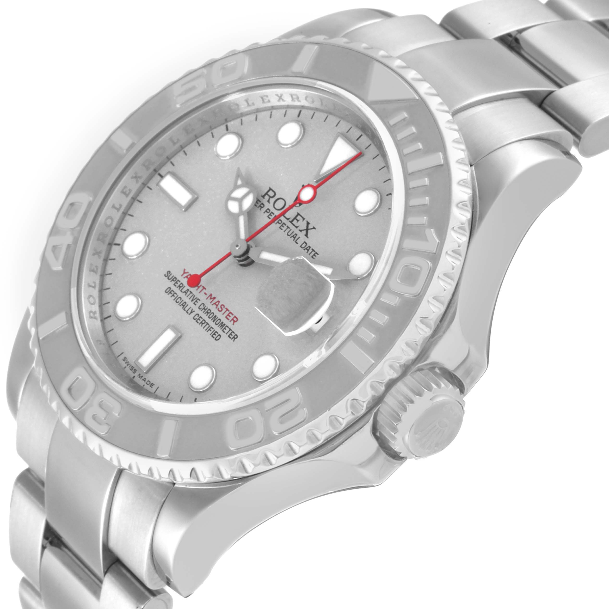 This image shows a close-up, angled view of a Rolex Yacht-Master 16622 Men's Stainless Steel Silver Dial 16622 Men's Stainless Steel Silver Dial, highlighting the dial, bezel, bracelet, and crown.