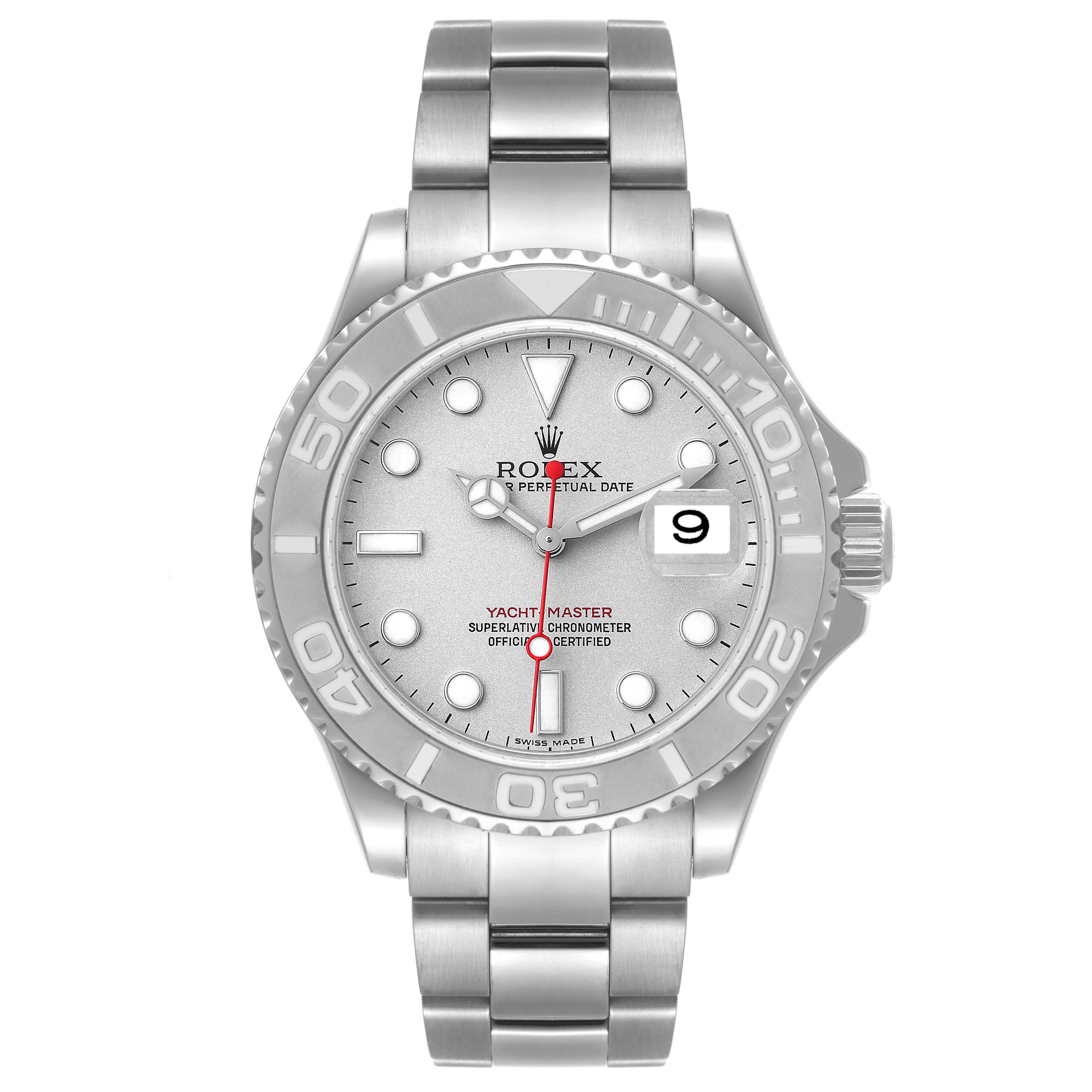 This Rolex Yacht-Master 16622 Men's Stainless Steel Silver Dial 16622 Men's Stainless Steel Silver Dial watch is shown from a front angle, displaying the dial, bezel, bracelet, and crown.
