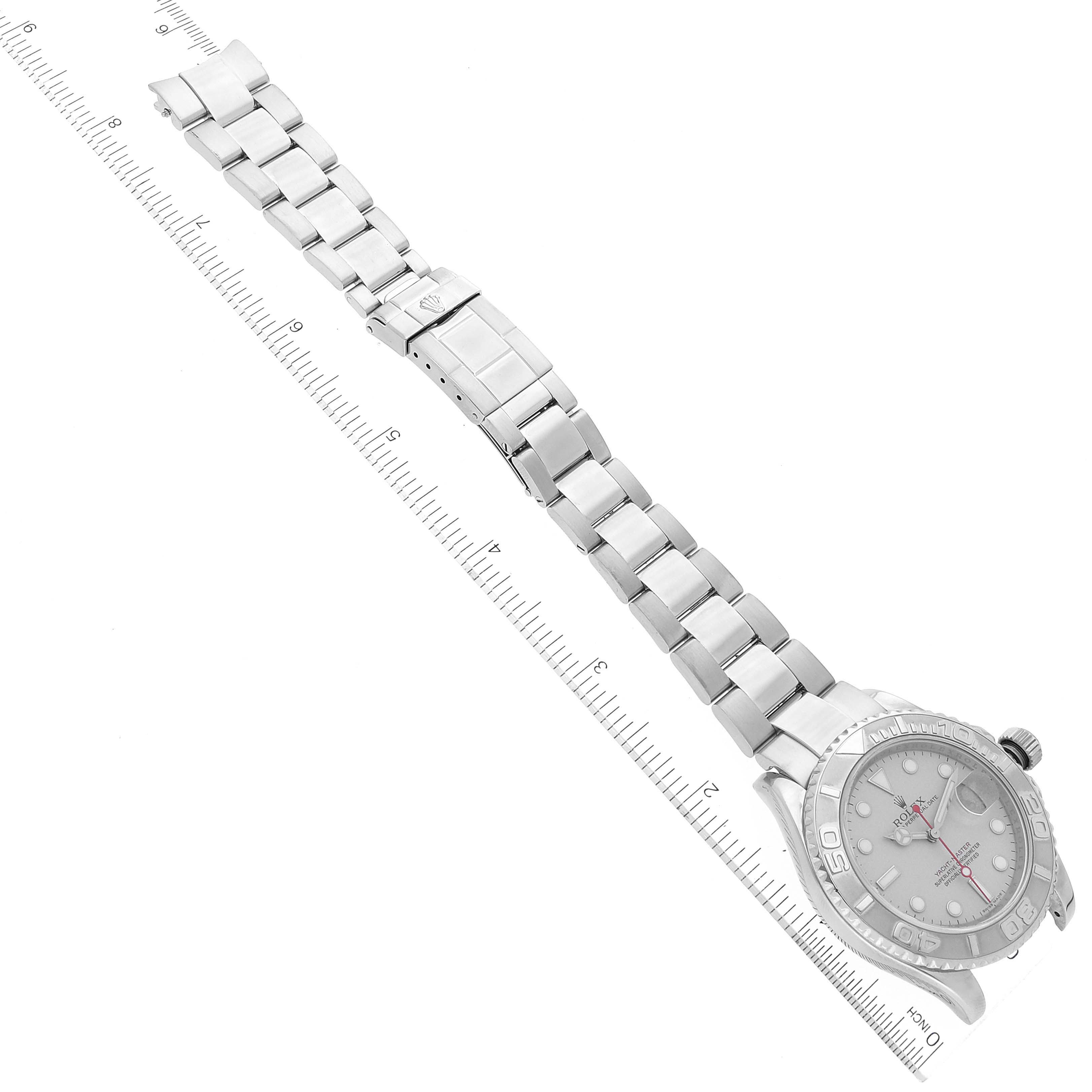 The image shows a top view of a Rolex Yacht-Master 16622 Men's Stainless Steel Silver Dial 16622 Men's Stainless Steel Silver Dial watch, featuring its face, bezel, and stainless steel bracelet.