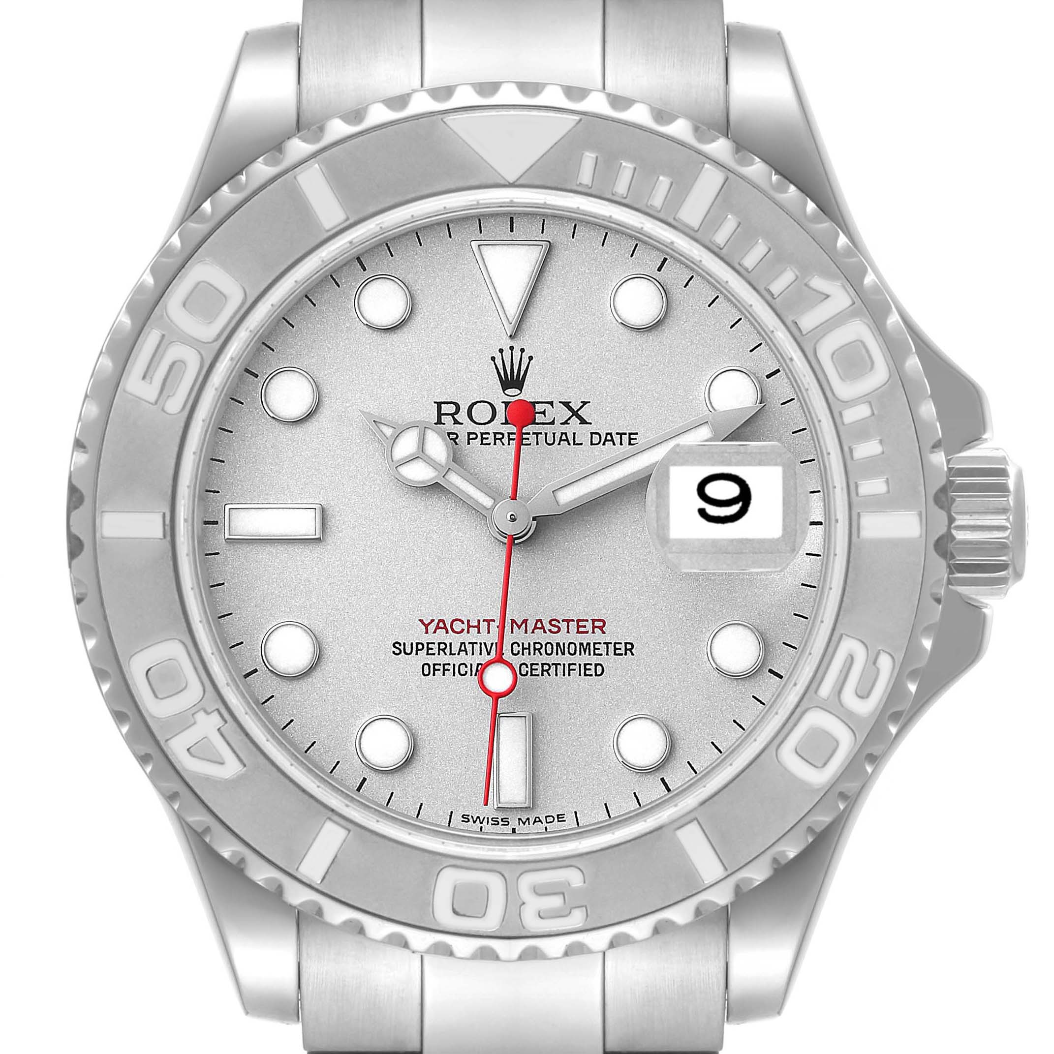 The image shows a front view of a Rolex Yacht-Master 16622 Men's Stainless Steel Silver Dial 16622 Men's Stainless Steel Silver Dial watch highlighting the dial, bezel, and bracelet.