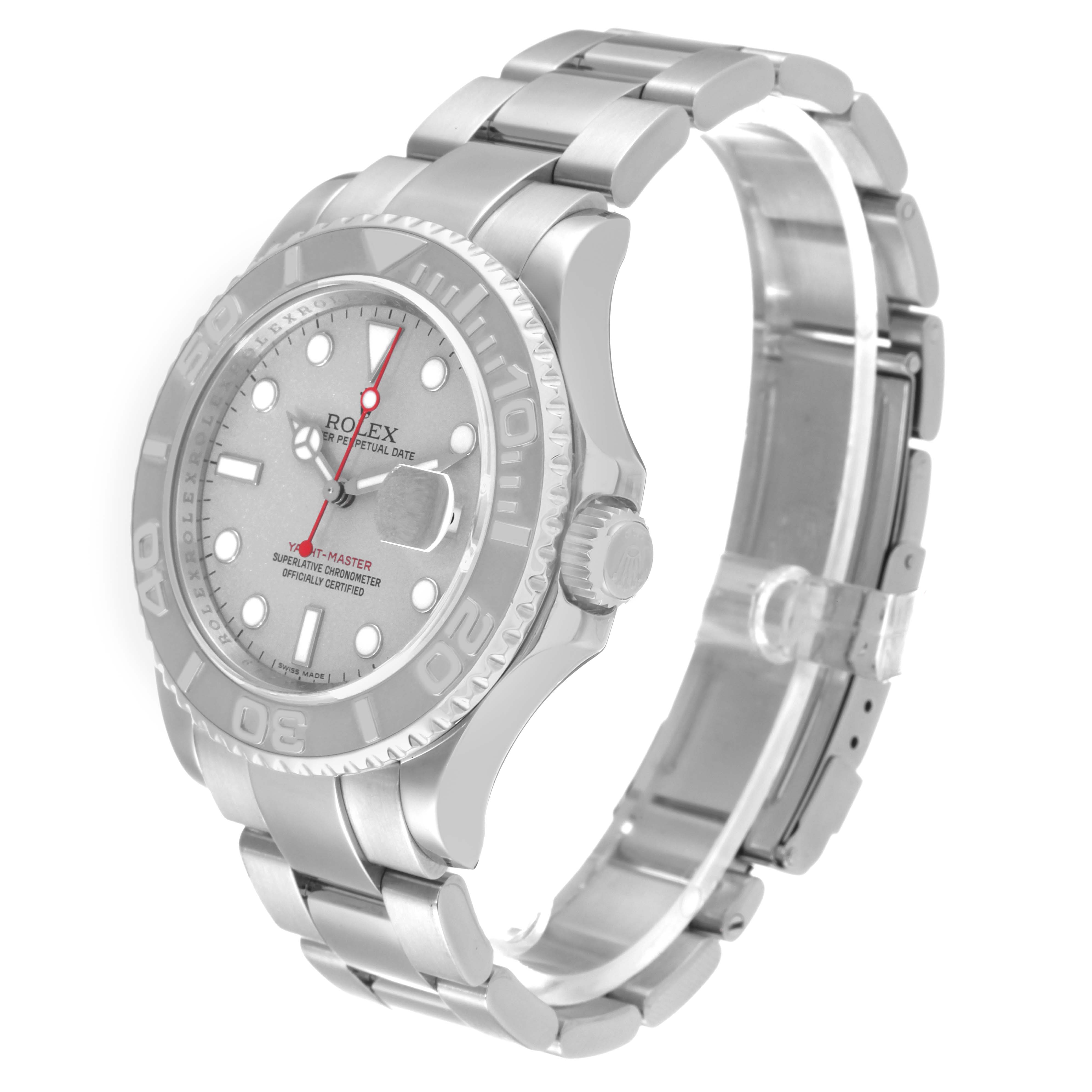 The Rolex Yacht-Master 16622 Men's Stainless Steel Silver Dial 16622 Men's Stainless Steel Silver Dial watch is shown at an angled side view, highlighting the dial, bezel, and metal bracelet.
