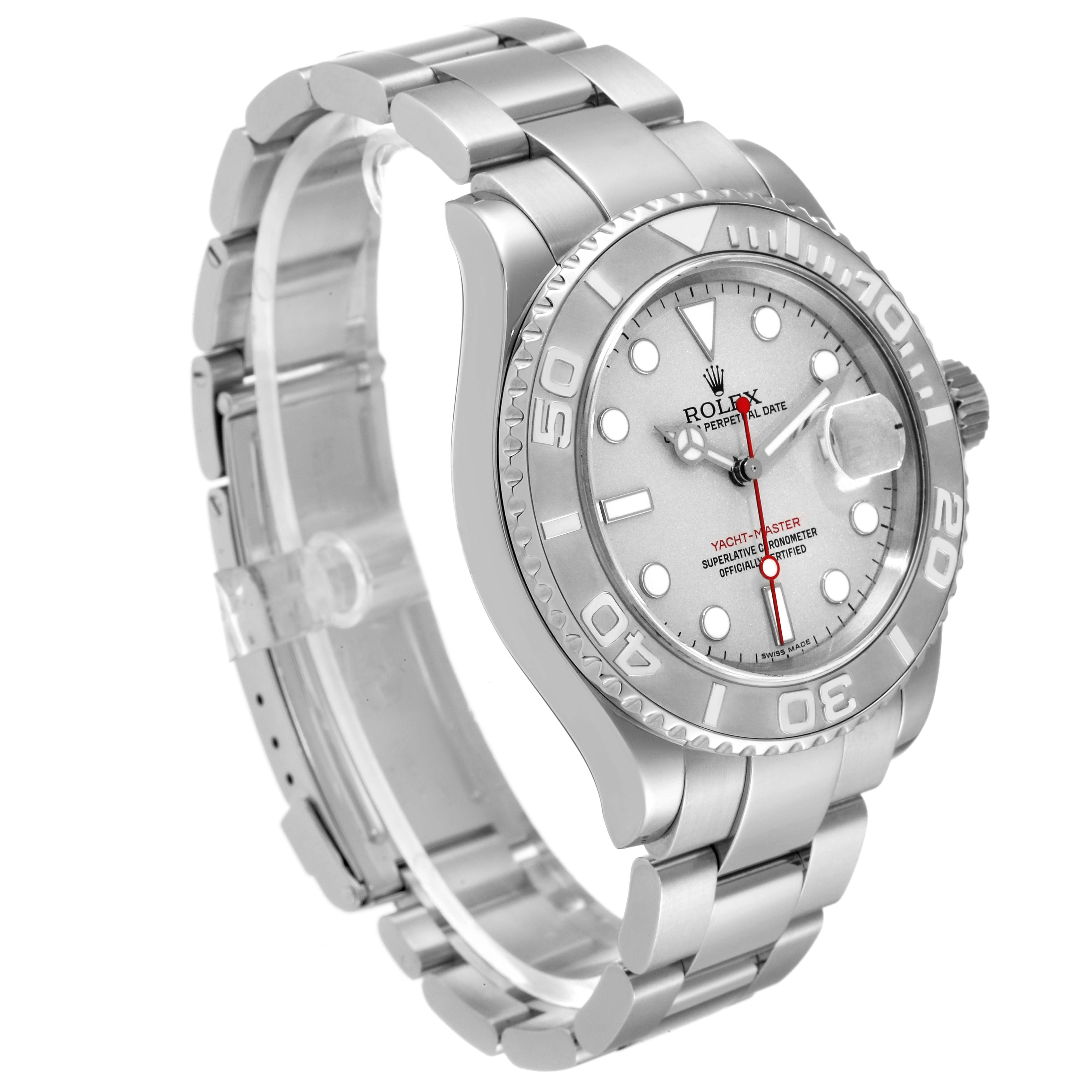 The Rolex Yacht-Master 16622 Men's Stainless Steel Silver Dial 16622 Men's Stainless Steel Silver Dial watch is shown at an angle highlighting the face, bezel, bracelet, and the crown side.