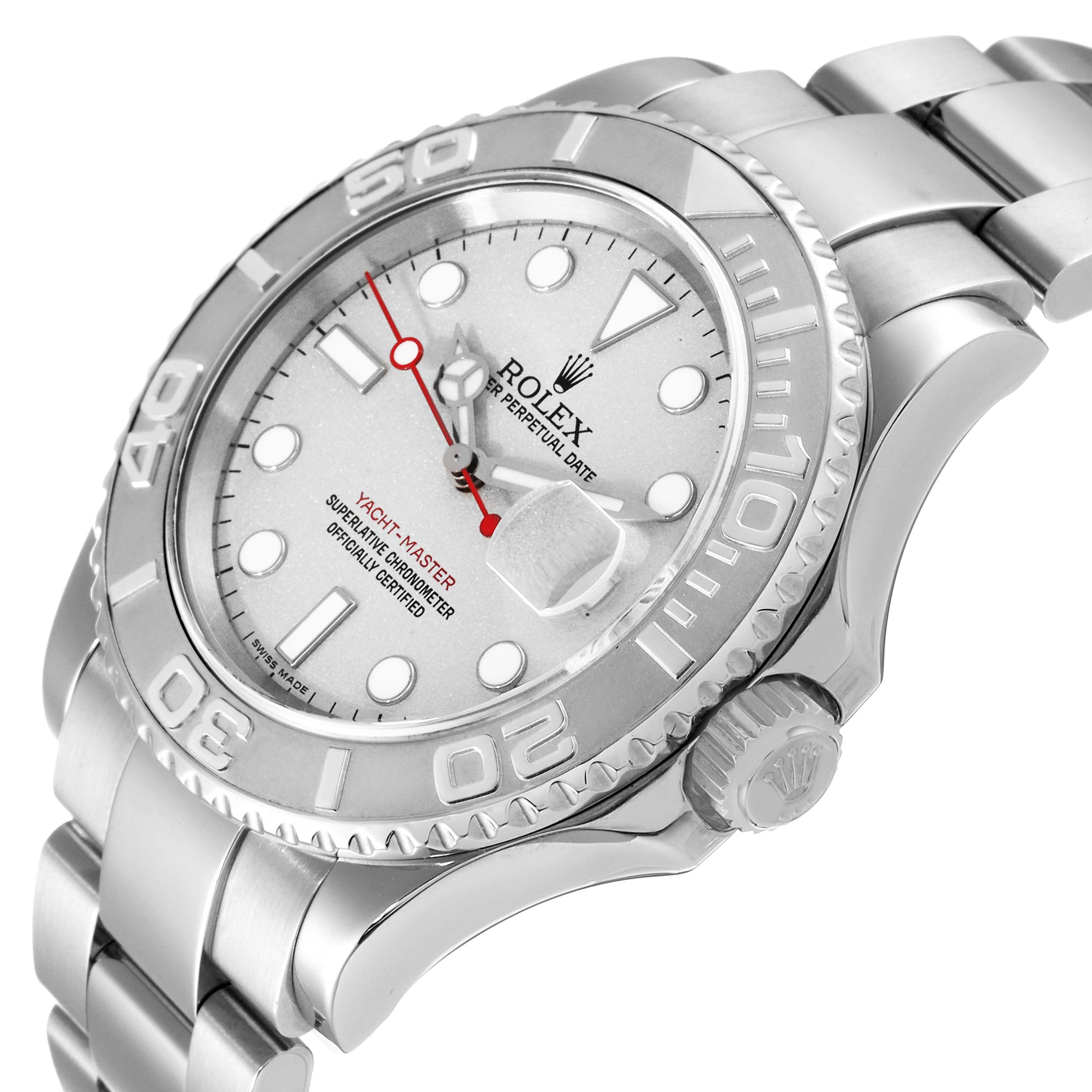 The Rolex Yacht-Master 16622 Men's Stainless Steel Silver Dial 16622 Men's Stainless Steel Silver Dial watch is shown at an angled view, highlighting the face, bezel, crown, and bracelet.