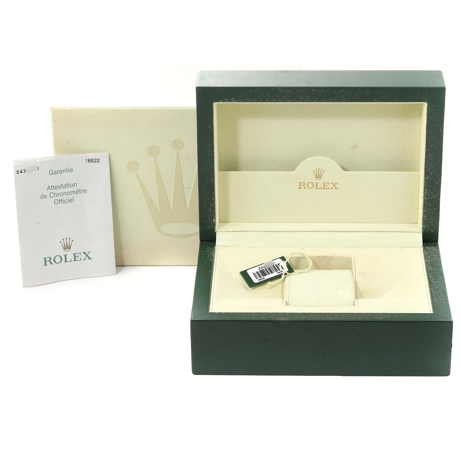 The image shows an empty Rolex Yacht-Master 16622 Men's Stainless Steel Silver Dial 16622 Men's Stainless Steel Silver Dial watch box, a warranty booklet, and a tag with a barcode.