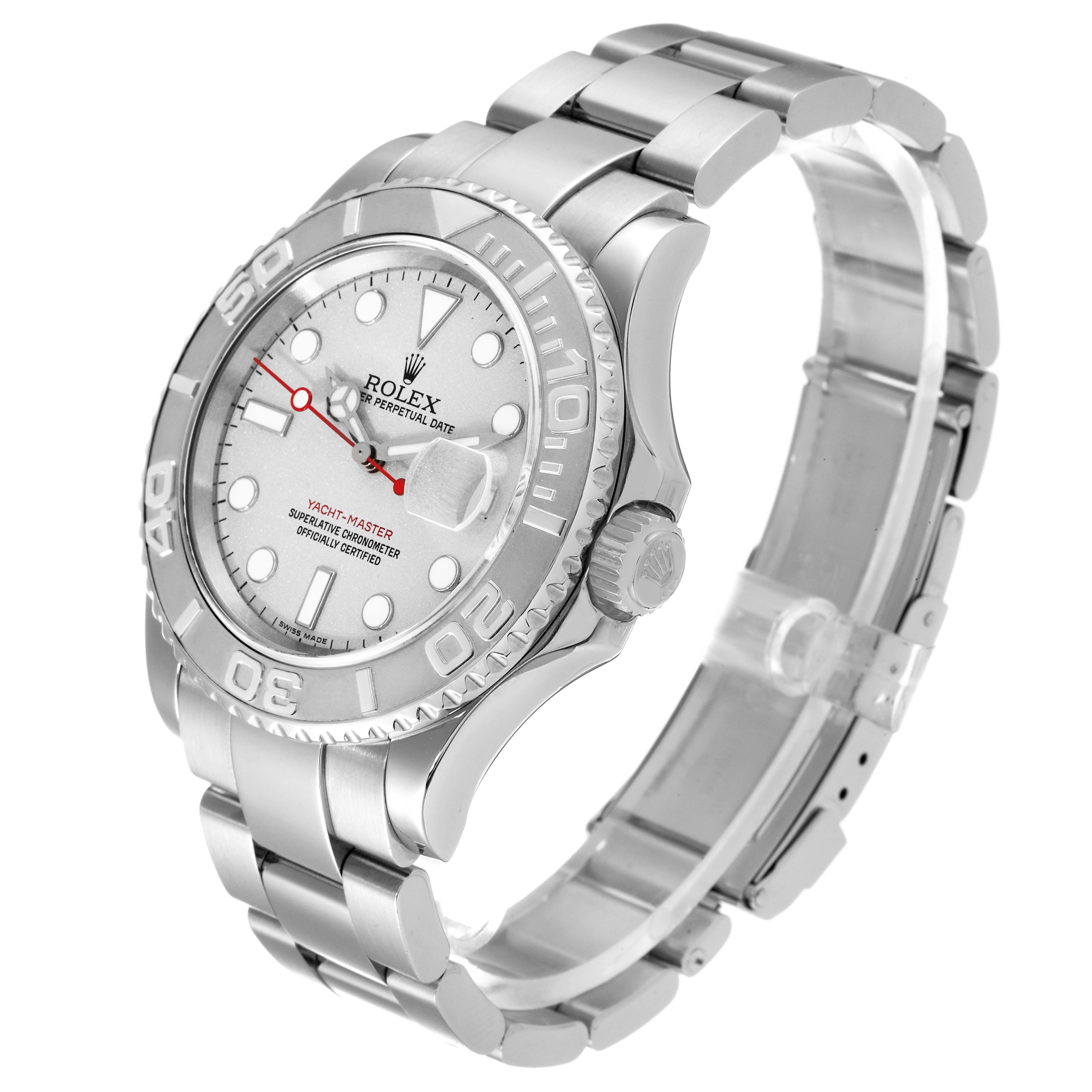 The Rolex Yacht-Master 16622 Men's Stainless Steel Silver Dial 16622 Men's Stainless Steel Silver Dial watch is shown from an angled perspective highlighting its face, bezel, crown, and bracelet.