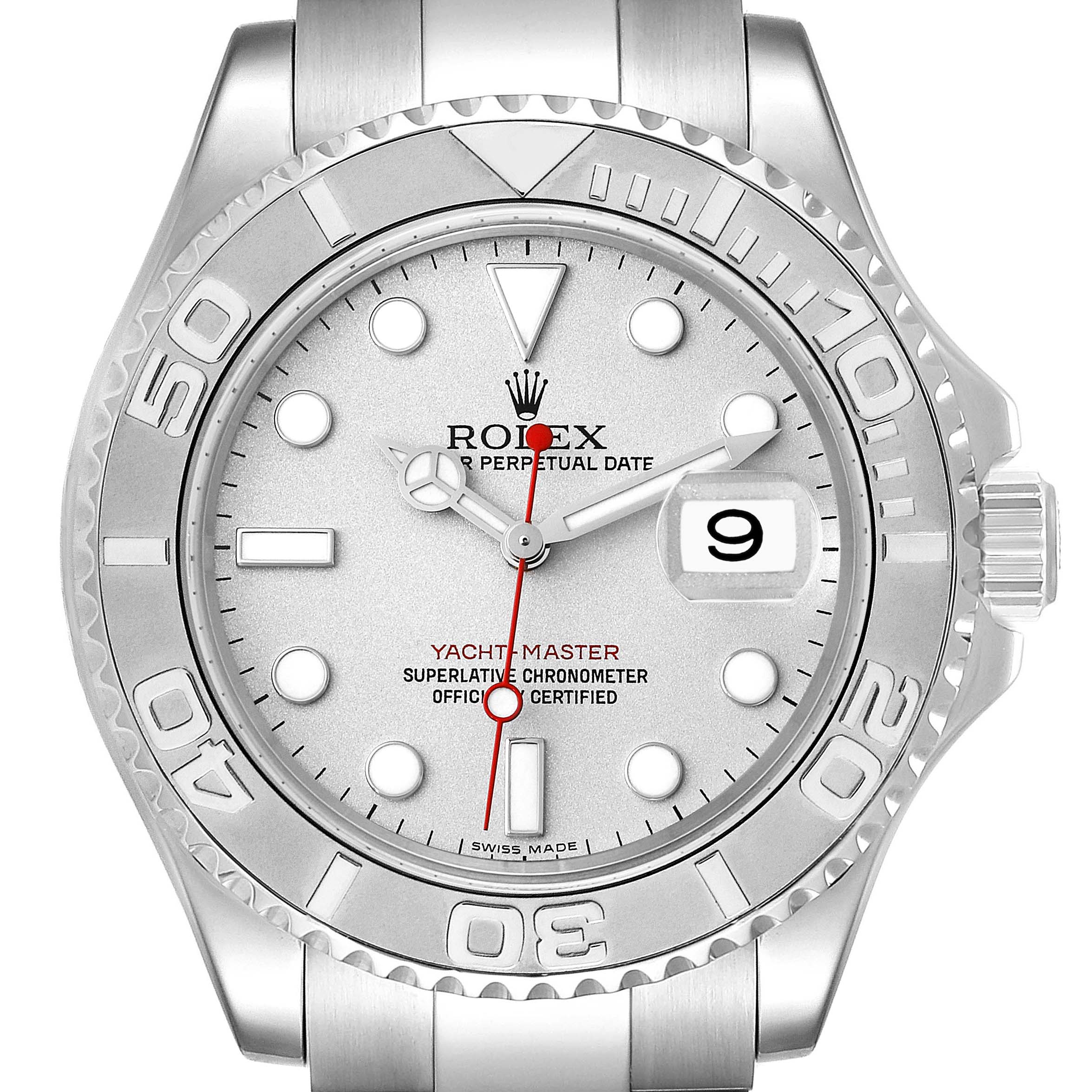 This image shows a front view of the Rolex Yacht-Master 16622 Men's Stainless Steel Silver Dial 16622 Men's Stainless Steel Silver Dial watch, highlighting the dial, bezel, and crown.