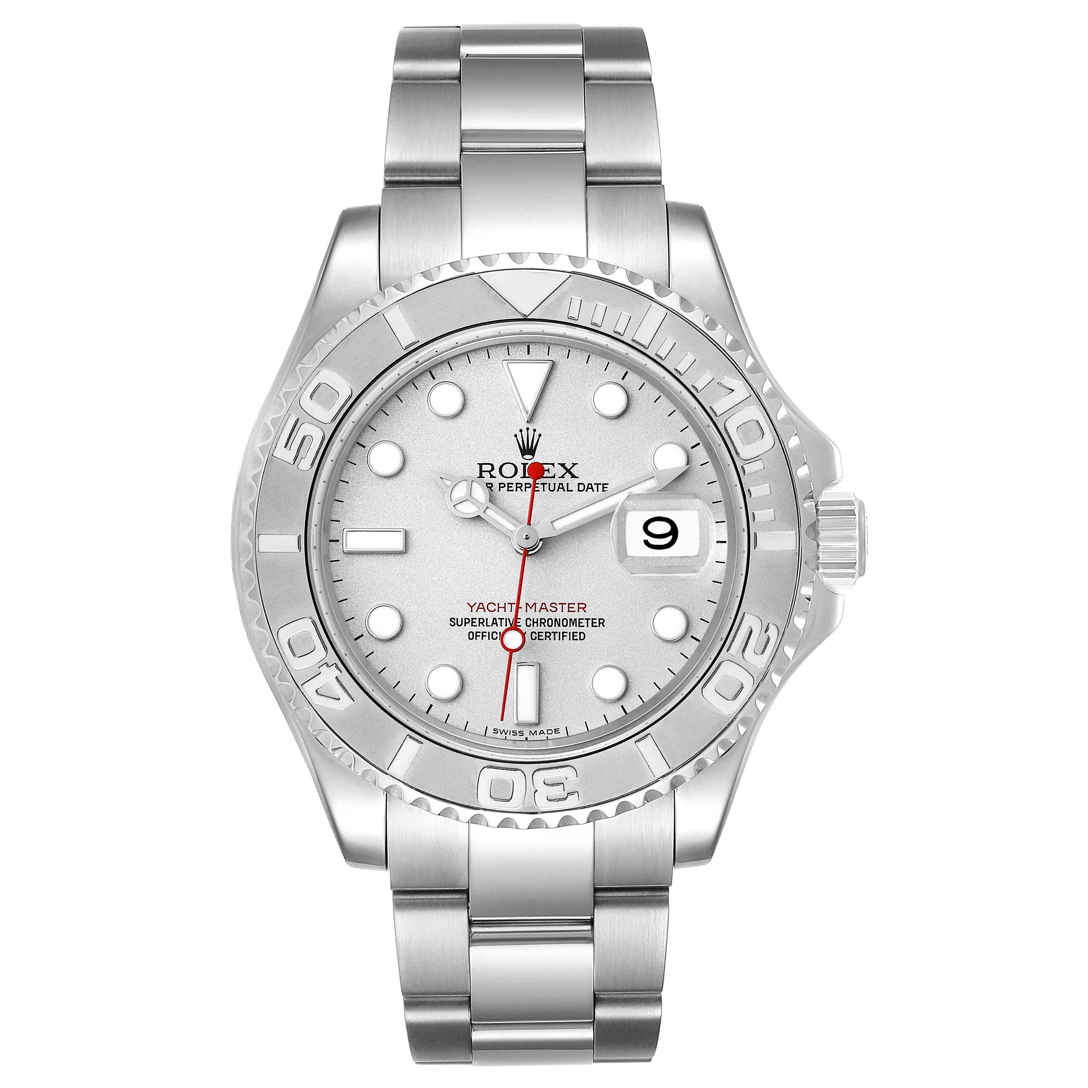 This image shows a front view of the Rolex Yacht-Master 16622 Men's Stainless Steel Silver Dial 16622 Men's Stainless Steel Silver Dial watch, displaying its dial, bezel, bracelet, and date window.