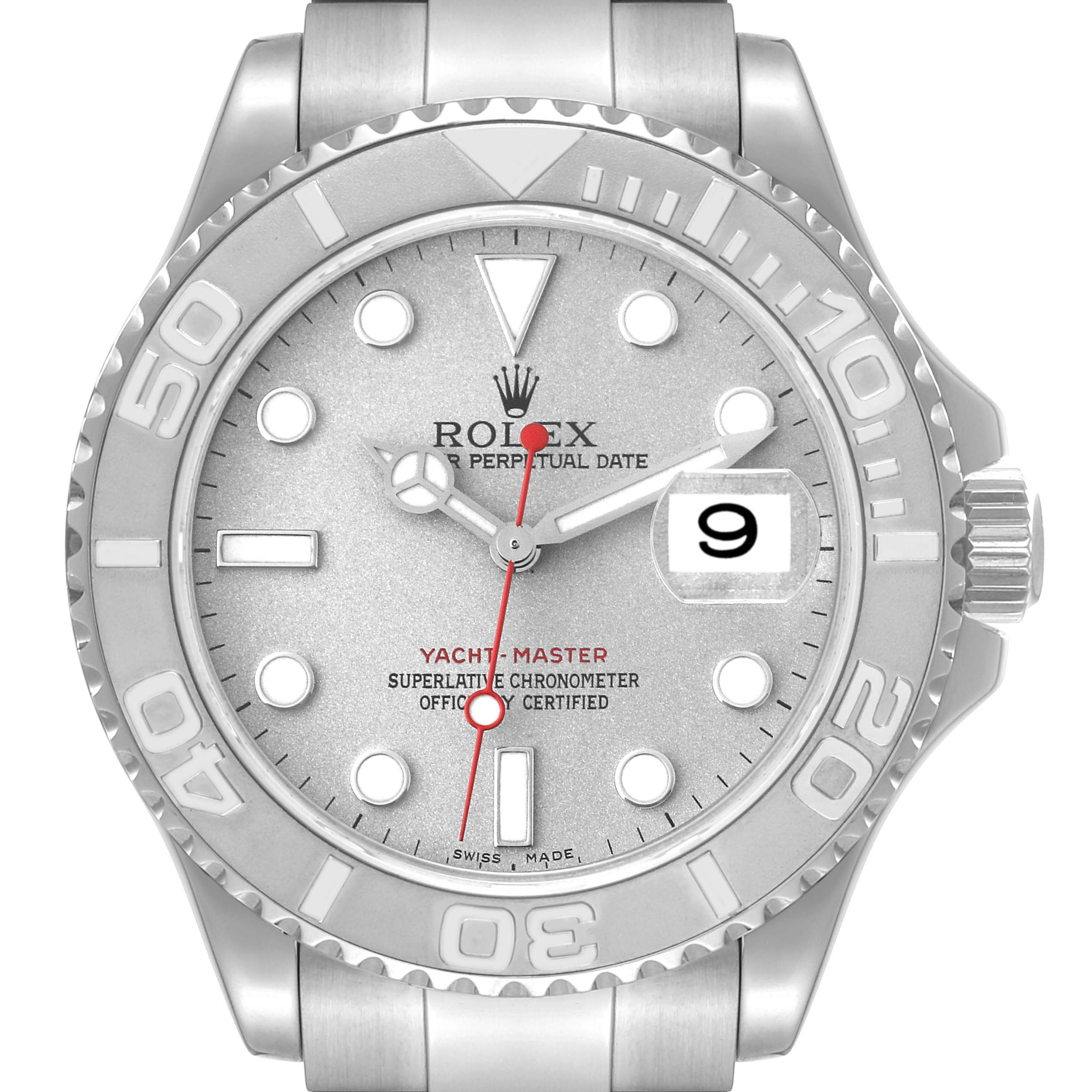 The image shows a frontal view of the Rolex Yacht-Master 16622 Men's Stainless Steel Silver Dial 16622 Men's Stainless Steel Silver Dial watch featuring its dial, bezel, case, and bracelet.