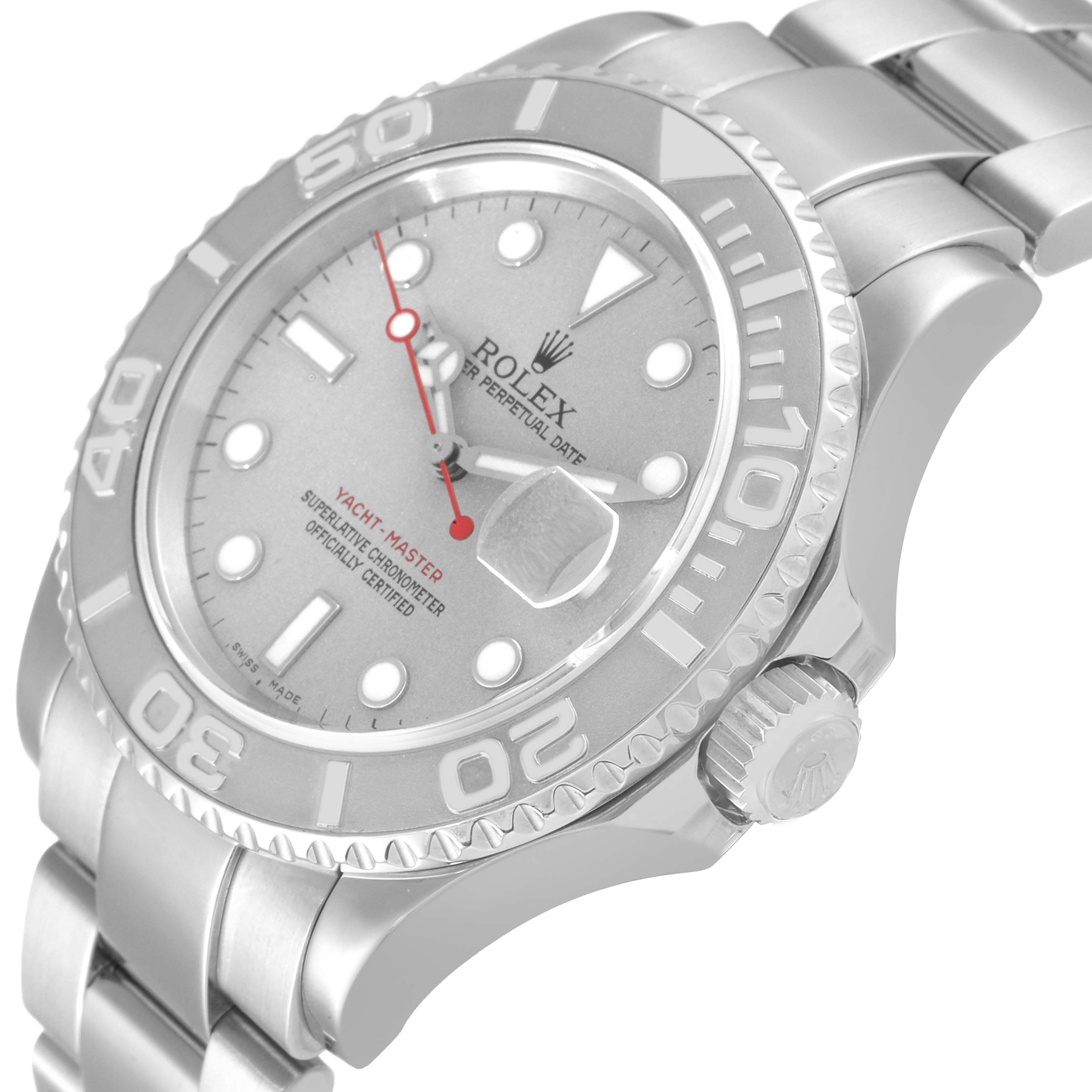 The image shows a close-up of the Rolex Yacht-Master 16622 Men's Stainless Steel Silver Dial 16622 Men's Stainless Steel Silver Dial watch, highlighting its bezel, dial, crown, and part of its bracelet.