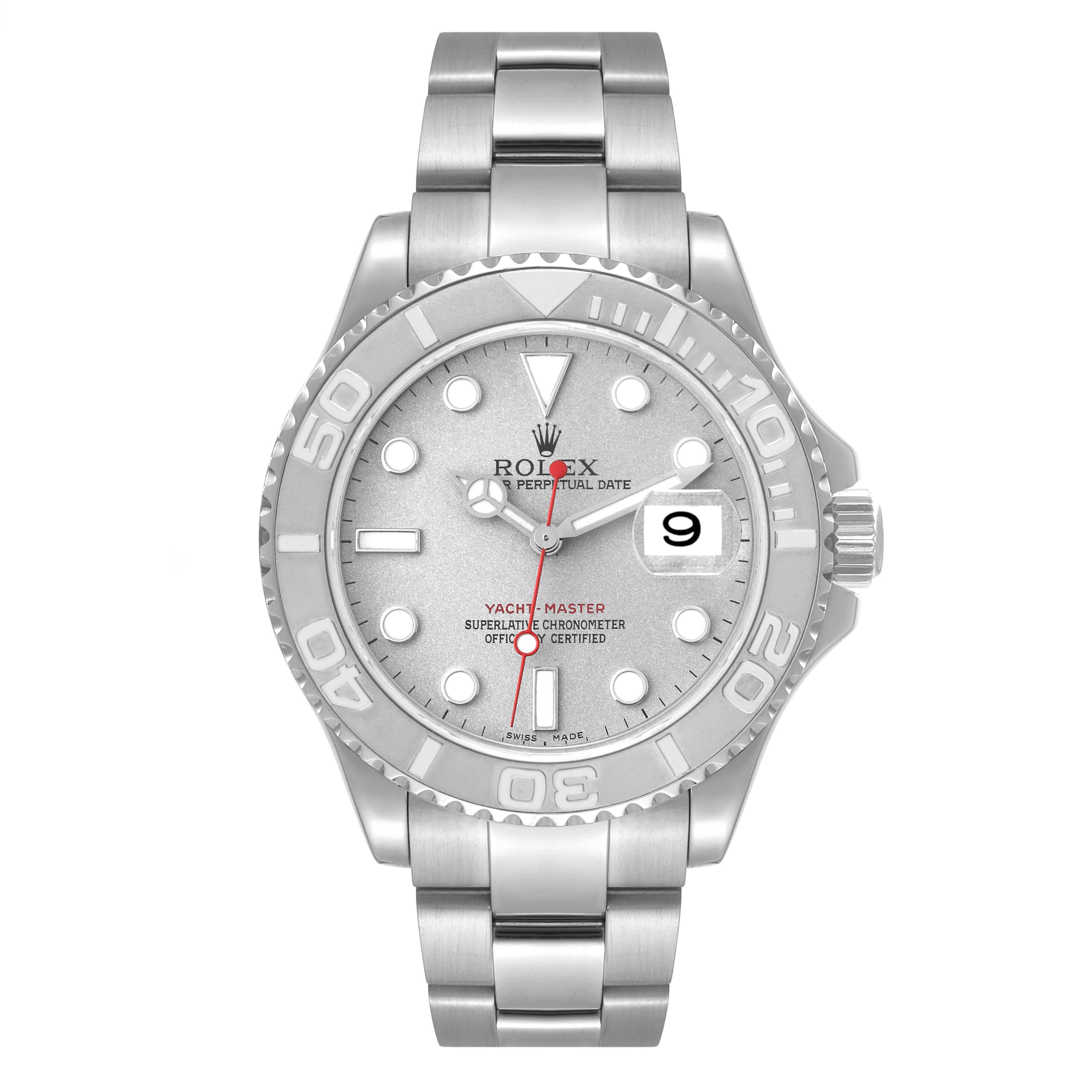 The image shows a front view of the Rolex Yacht-Master 16622 Men's Stainless Steel Silver Dial 16622 Men's Stainless Steel Silver Dial watch, displaying the dial, bezel, and bracelet.