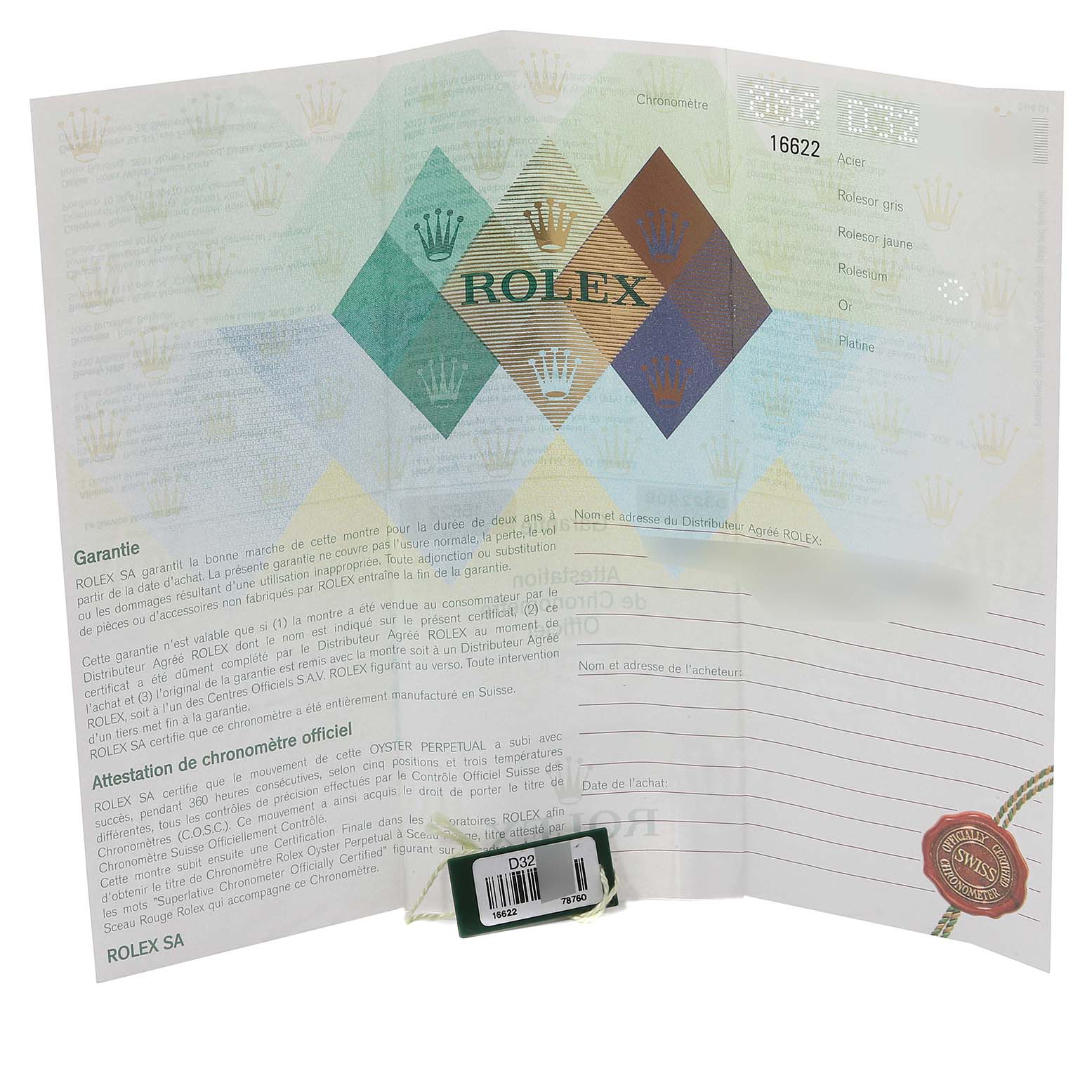 The image shows the warranty and authentication card for the Rolex Yacht-Master 16622 Men's Stainless Steel Silver Dial 16622 Men's Stainless Steel Silver Dial model.