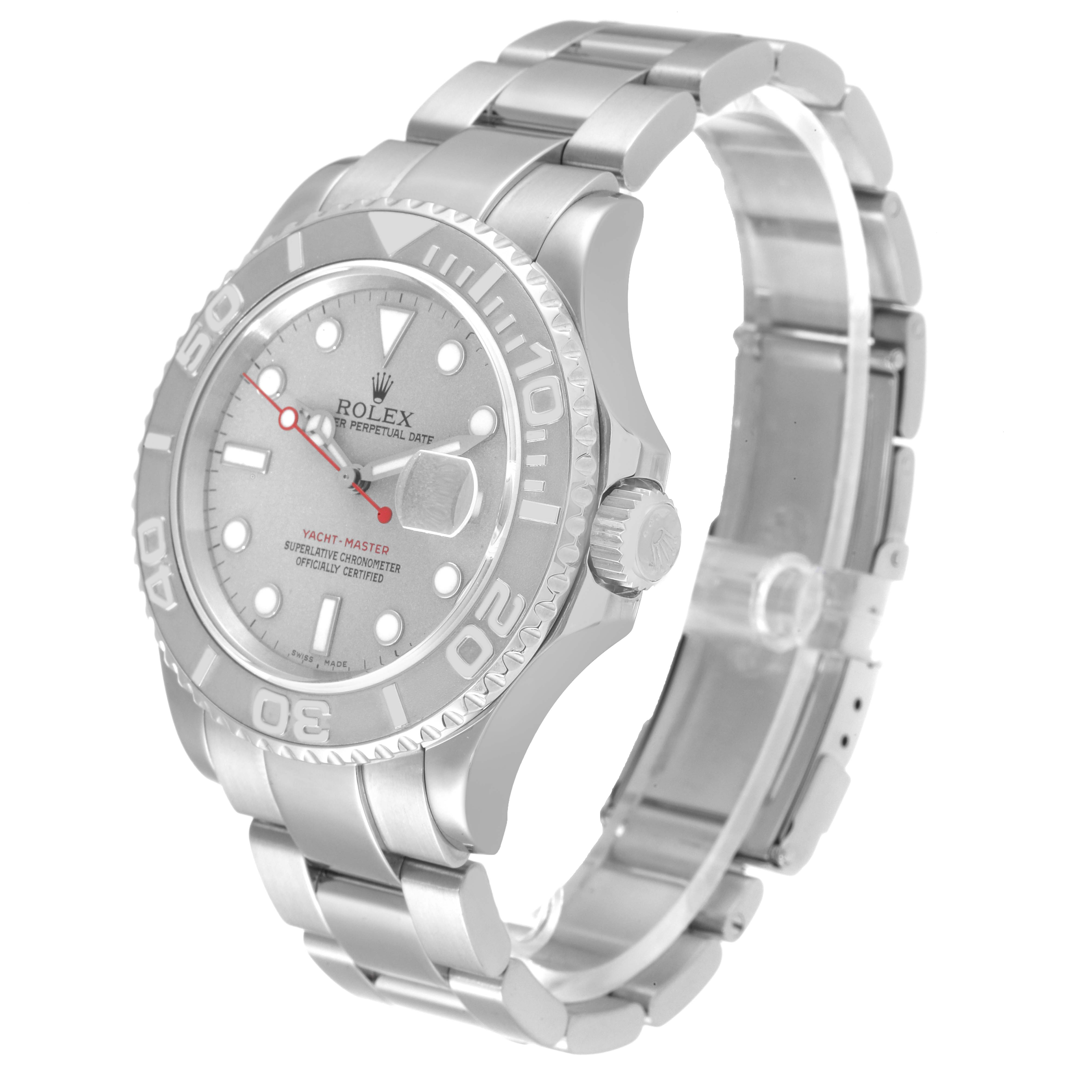 The Rolex Yacht-Master 16622 Men's Stainless Steel Silver Dial 16622 Men's Stainless Steel Silver Dial watch is shown at a slight angle, displaying its face, bezel, crown, and bracelet.