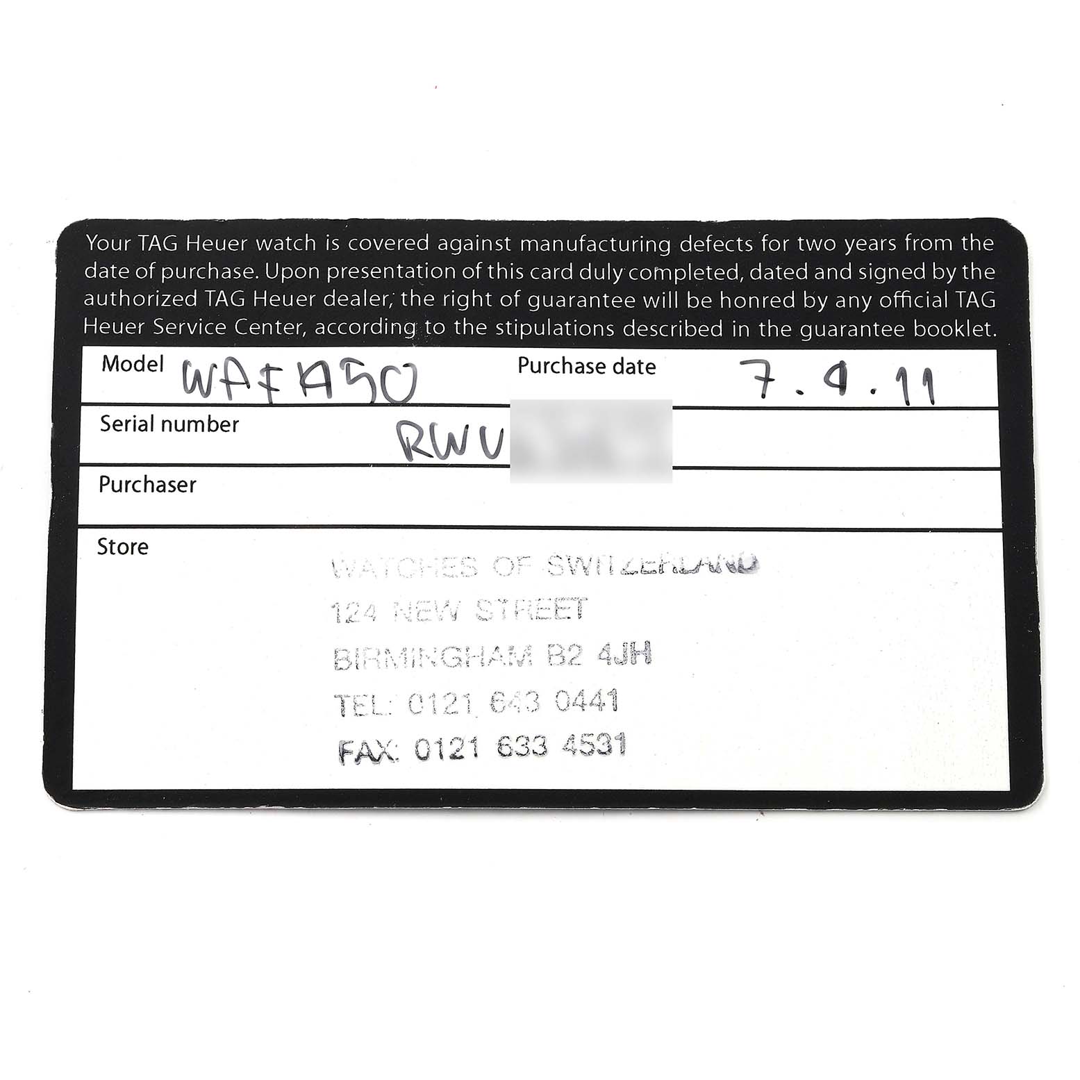 The image shows a guarantee card for a Tag Heuer Aquaracer WAF1450.BA0825 Women's Steel and Gold (two tone) Mother of Pearl Dial WAF1450.BA0825 Women's Steel and Gold (two tone) Mother of Pearl Dial watch, detailing the model, purchase date, and store information.