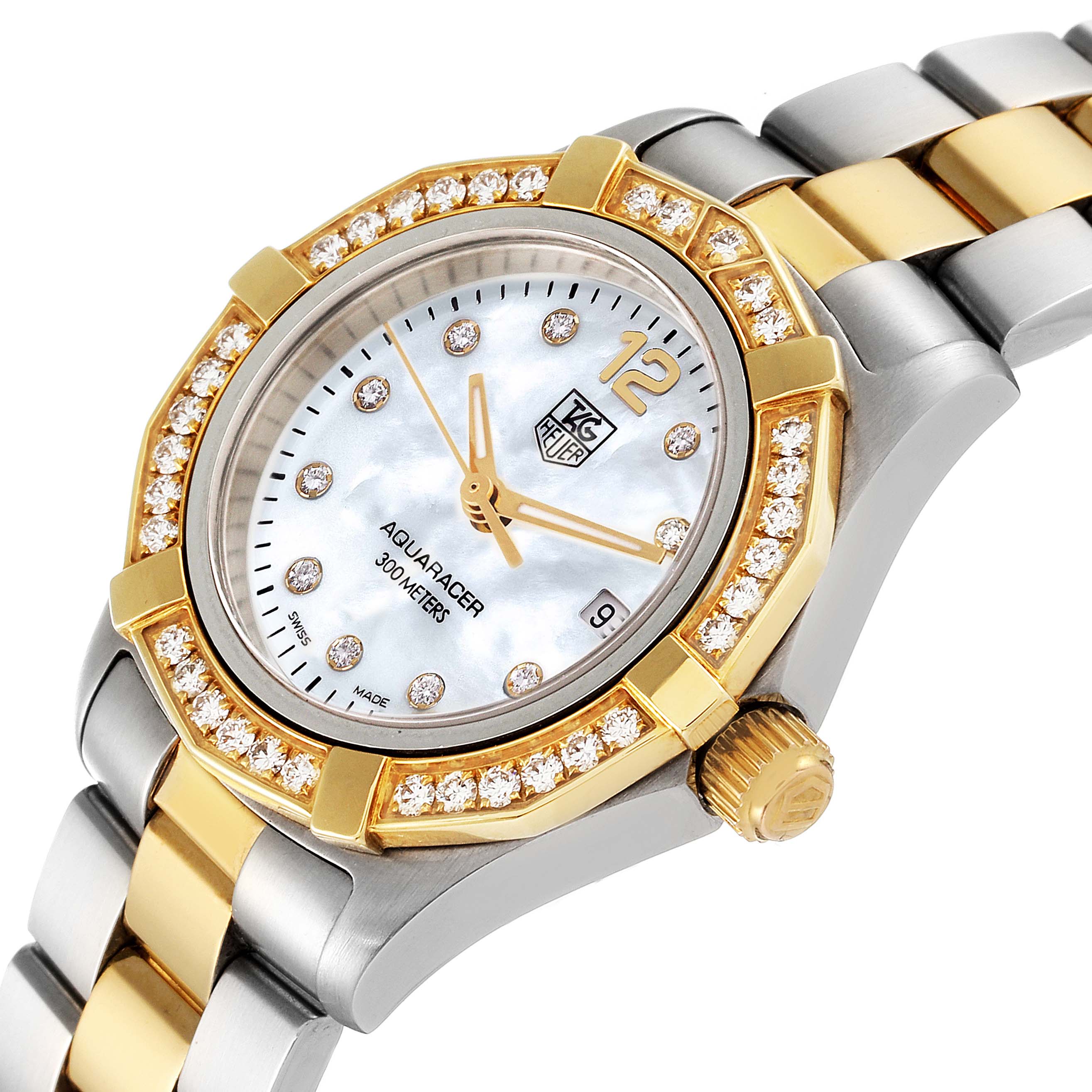 The image shows a close-up of a Tag Heuer Aquaracer WAF1450.BA0825 Women's Steel and Gold (two tone) Mother of Pearl Dial WAF1450.BA0825 Women's Steel and Gold (two tone) Mother of Pearl Dial watch, displaying its face, bezel, and part of the bracelet.