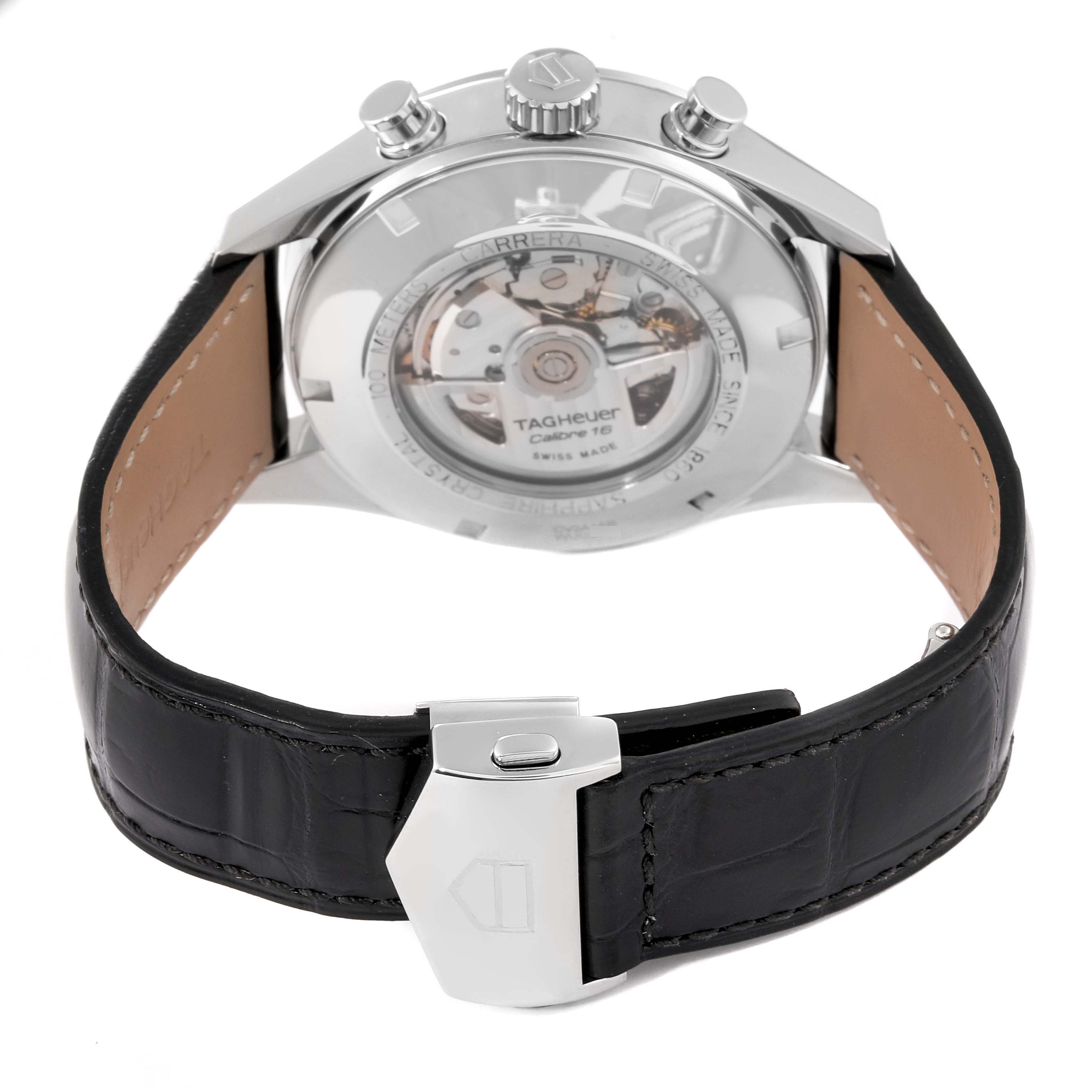 This image shows the back of the Tag Heuer Carrera CV2A1AB.FC6379 Men's Stainless Steel Black Dial CV2A1AB.FC6379 Men's Stainless Steel Black Dial watch, highlighting the movement, case, and black leather strap.