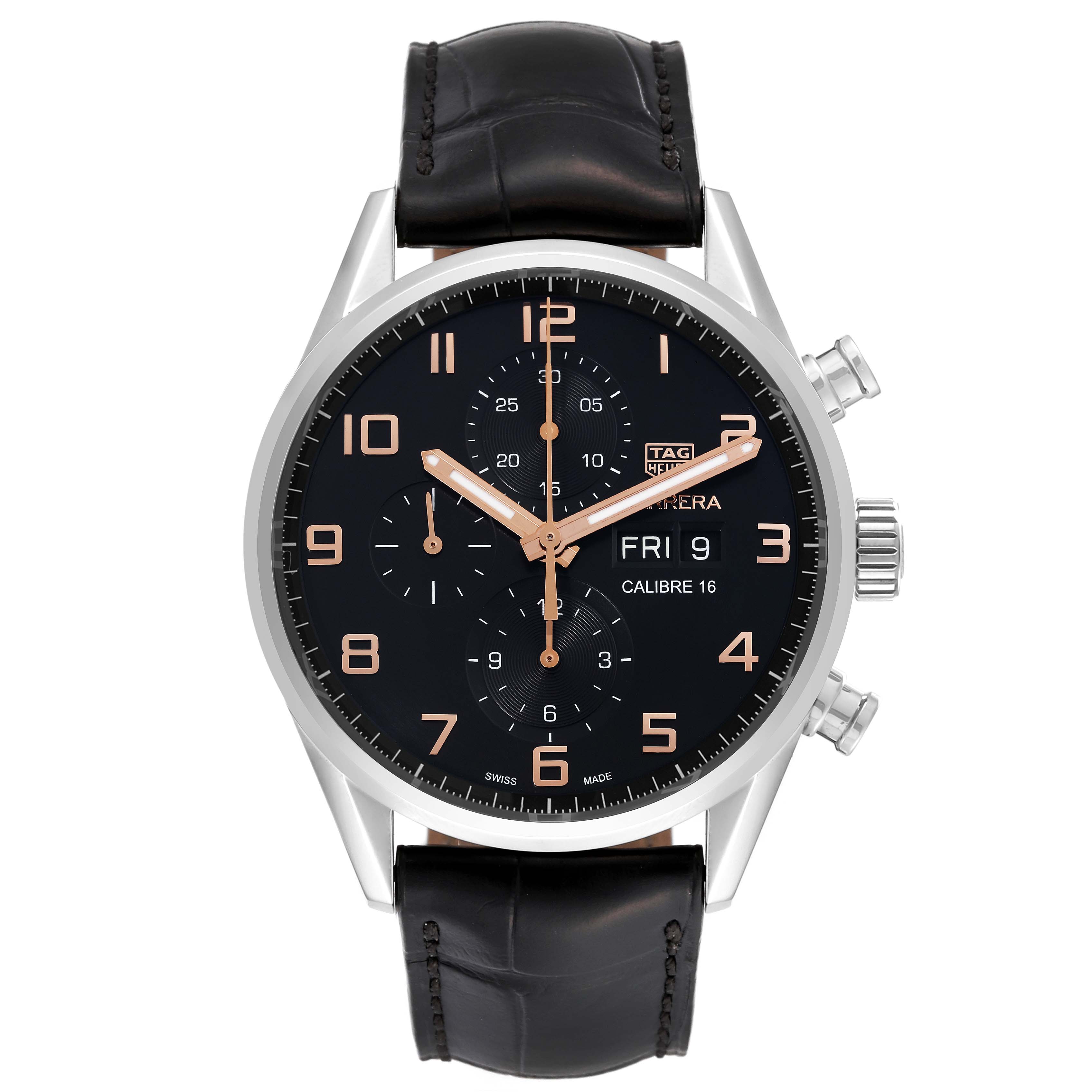 The image shows a front view of a Tag Heuer Carrera CV2A1AB.FC6379 Men's Stainless Steel Black Dial CV2A1AB.FC6379 Men's Stainless Steel Black Dial watch, featuring a black dial, silver case, and black leather strap.