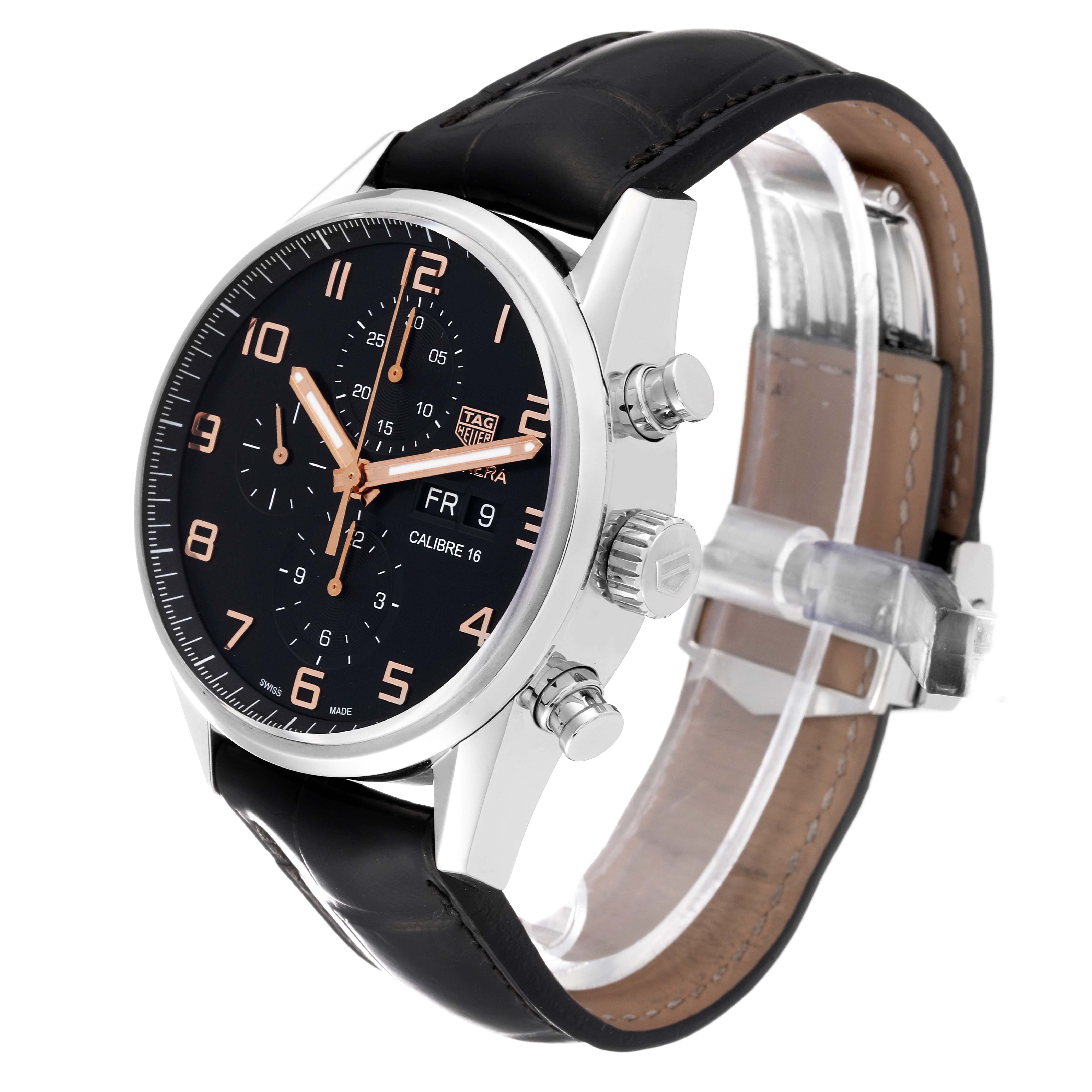 The Carrera model by Tag Heuer is shown at a slight angle, displaying the watch face, crown, buttons, and leather strap.