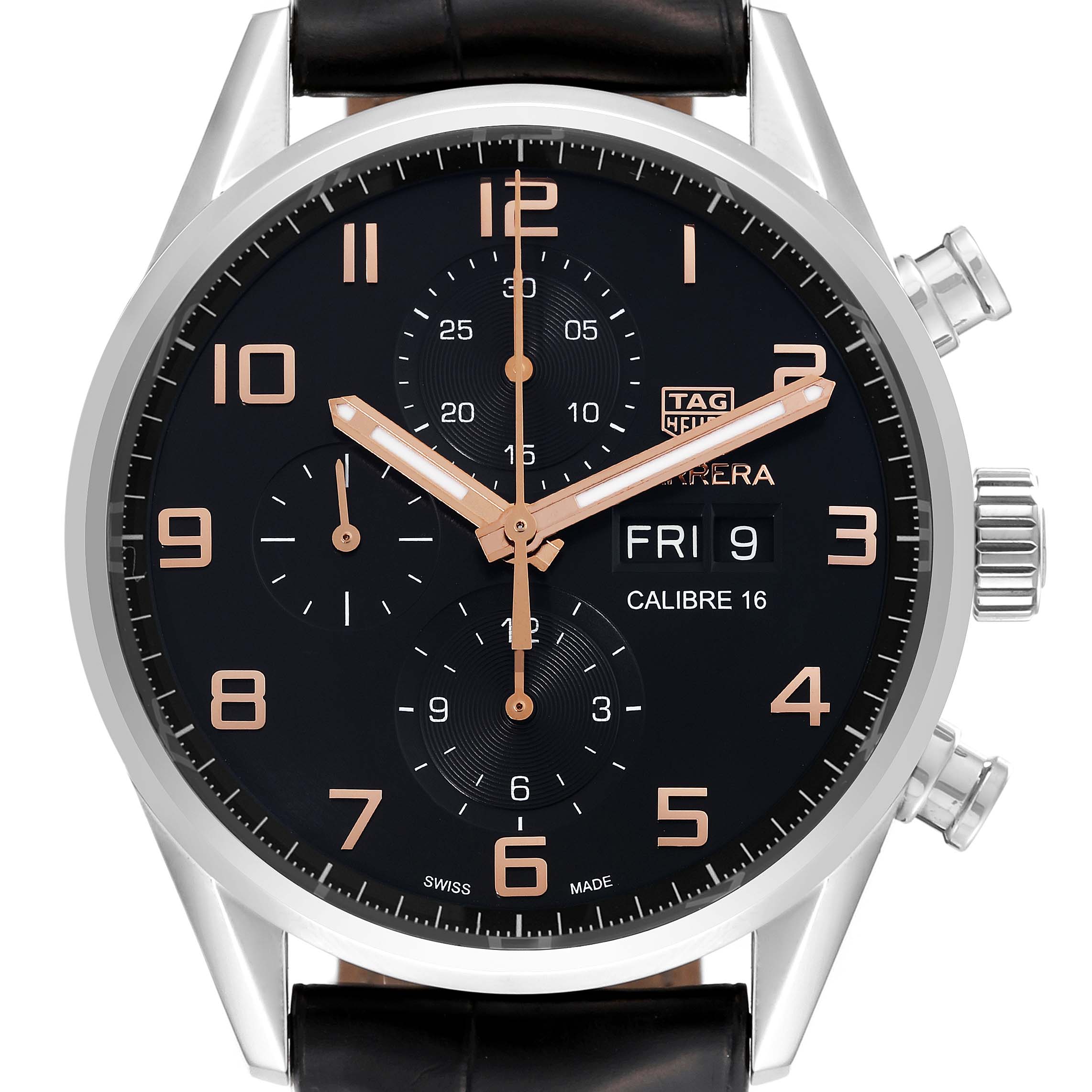 This image shows a frontal view of the Tag Heuer Carrera CV2A1AB.FC6379 Men's Stainless Steel Black Dial CV2A1AB.FC6379 Men's Stainless Steel Black Dial watch, displaying the dial, hands, sub-dials, crown, and pushers.