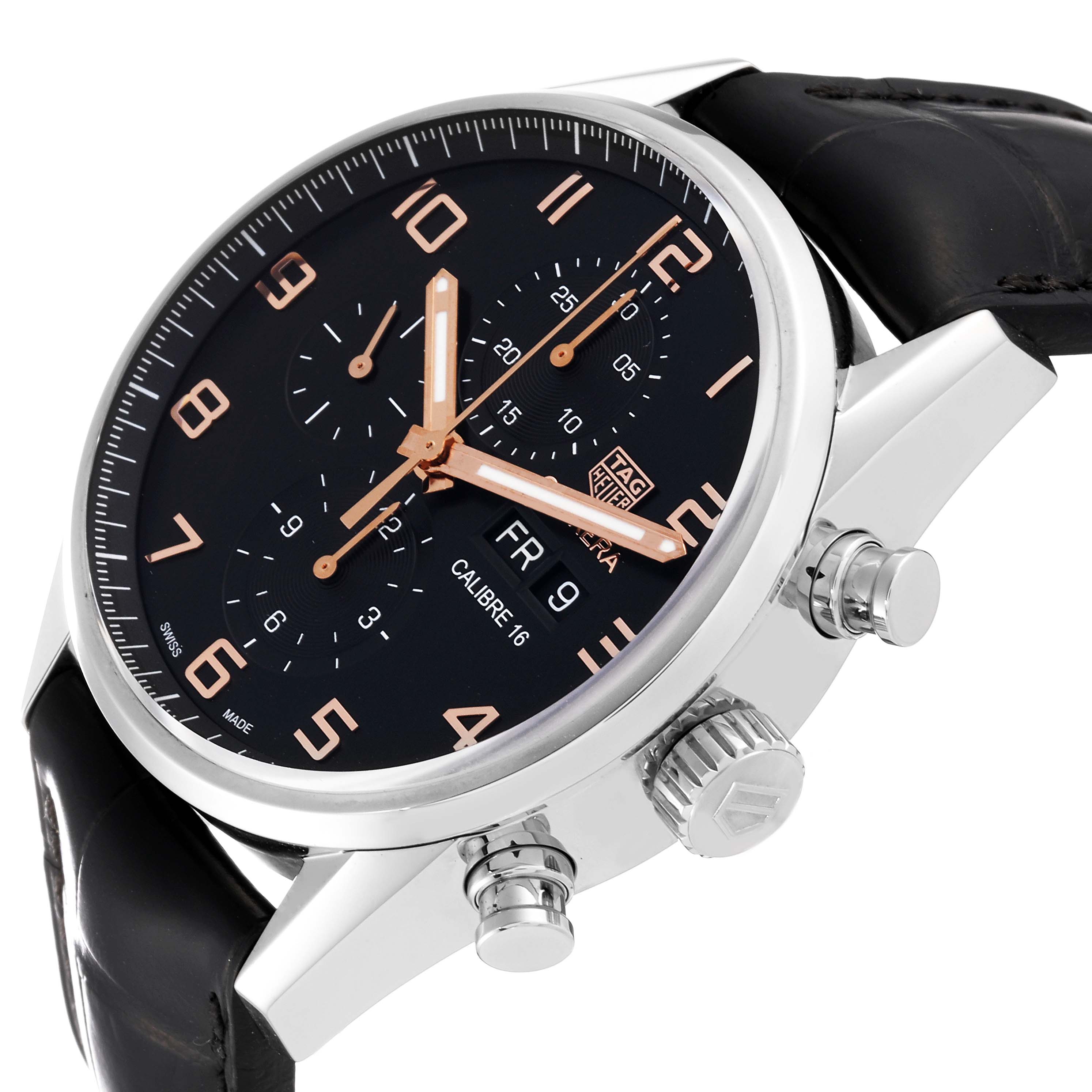 The Tag Heuer Carrera CV2A1AB.FC6379 Men's Stainless Steel Black Dial CV2A1AB.FC6379 Men's Stainless Steel Black Dial watch's dial, side buttons, and crown are shown from a side angle.