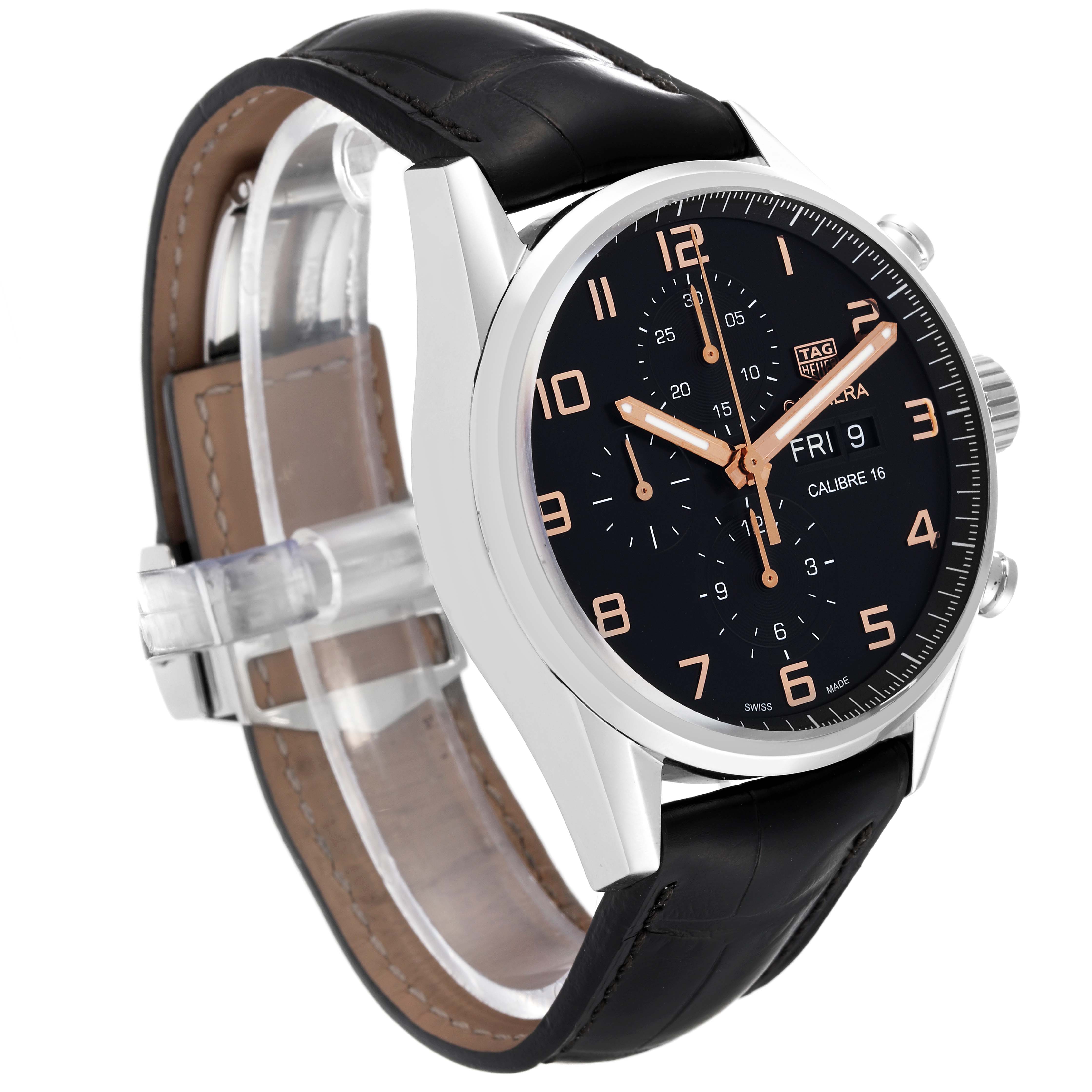 The image shows a Tag Heuer Carrera CV2A1AB.FC6379 Men's Stainless Steel Black Dial CV2A1AB.FC6379 Men's Stainless Steel Black Dial model watch at a three-quarter angle highlighting the dial, case, and strap.